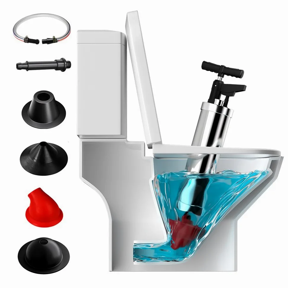 Sturalavandini a Pressione con 4 Testine Intercambiabili, Pompa Stura Scarichi a Pressione con Manometro Visivo, Tubo di Collegamento, per WC lavandino Vasca da Bagno, Rosso