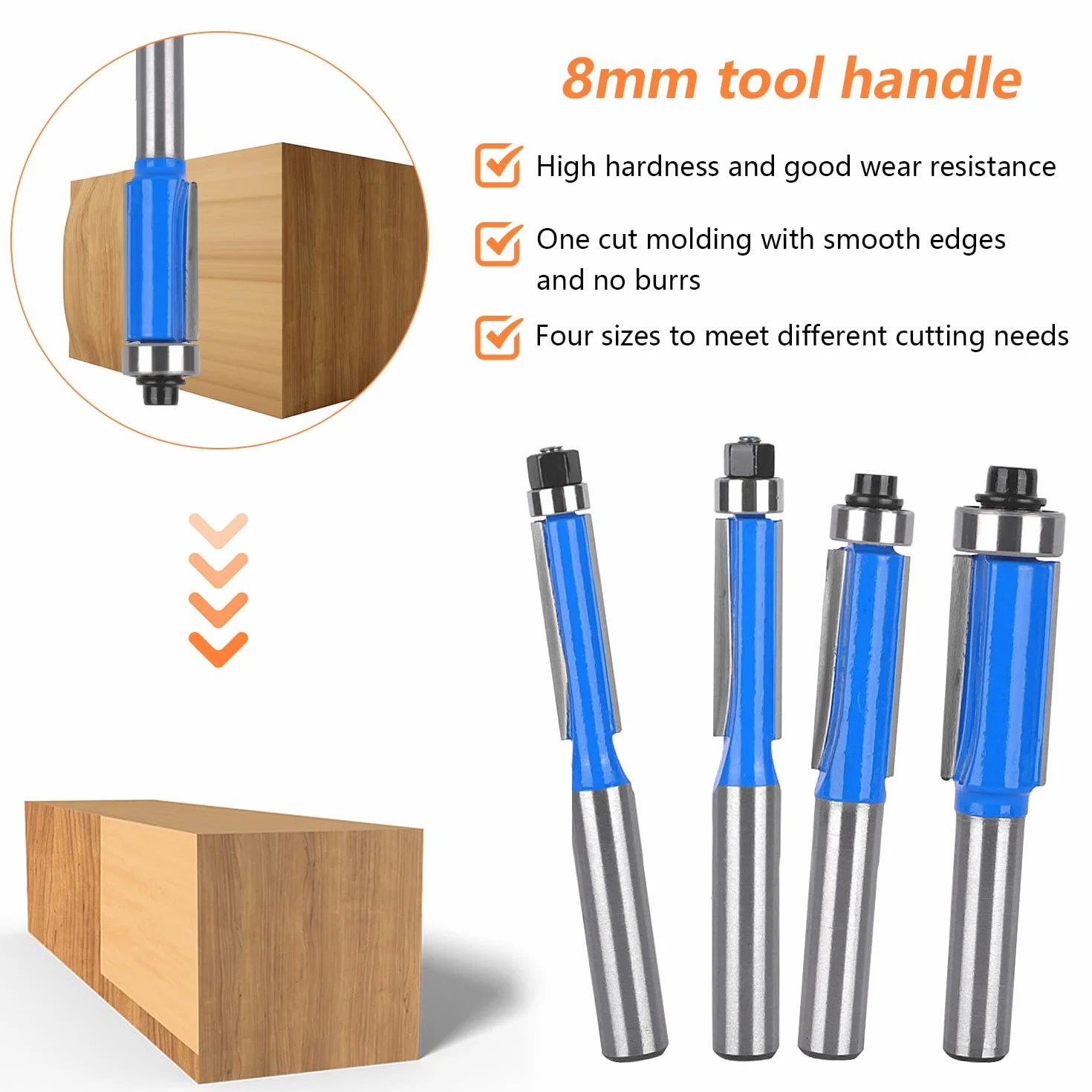 Fresa a Taglienti Diritti per Legno Codolo 8 mm con Cuscinetto, Set 4 Pezzi per Rifilatore