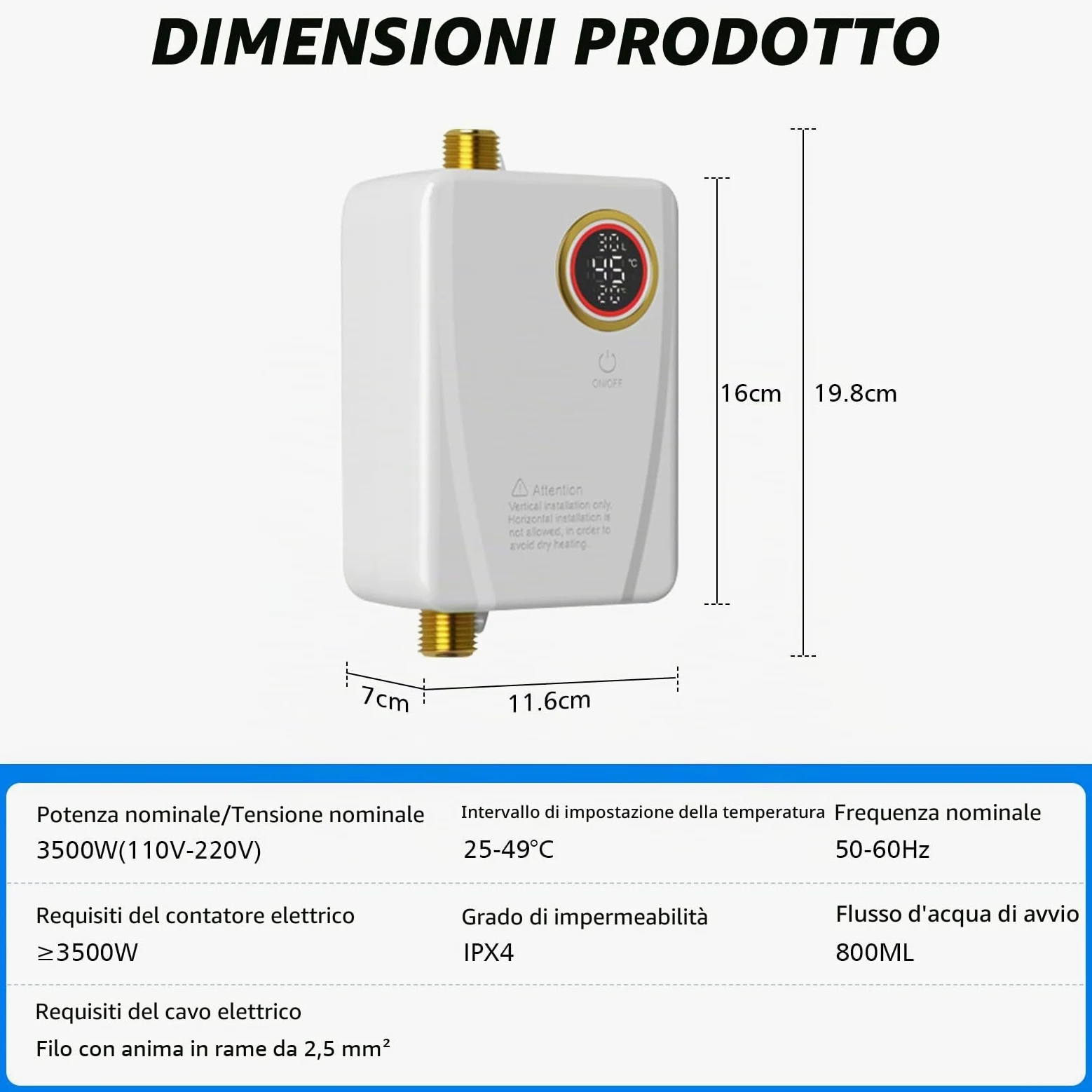 Scaldacqua istantanea elettronico, 3500 W 220V Scaldacqua | Istantaneo a Parete Mini Scaldabagno Istantaneo Elettrico con Display LED Della Temperatura, scaldabagno elettrico
