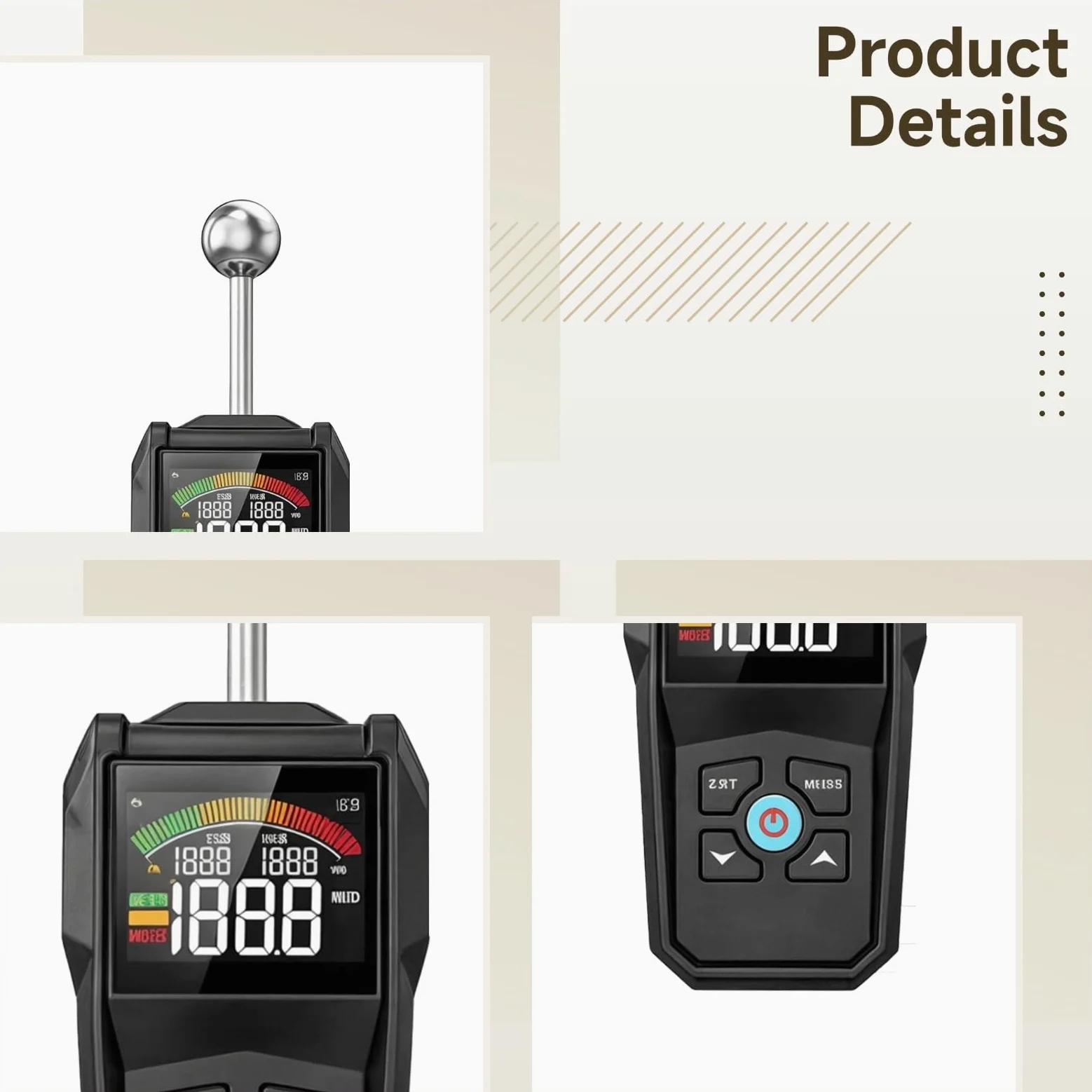 Misuratore di umidità senza pin per legno, tester digitale di umidità con display LCD e allarme, lettore di umidità non distruttivo per muratura in legno a secco, rileva da 0,8 a 5,1 cm