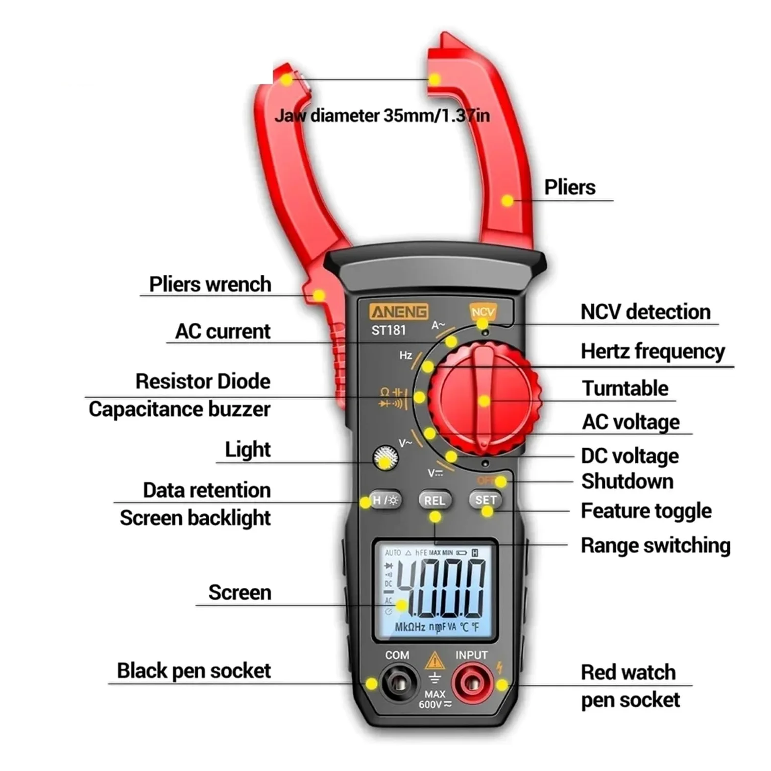 ST181 4000Counts 400A Pinza amperometrica digitale True RMS AC DC | Misura corrente AC DC e valori elettrici senza scollegare i circuiti per manutenzione e diagnosi