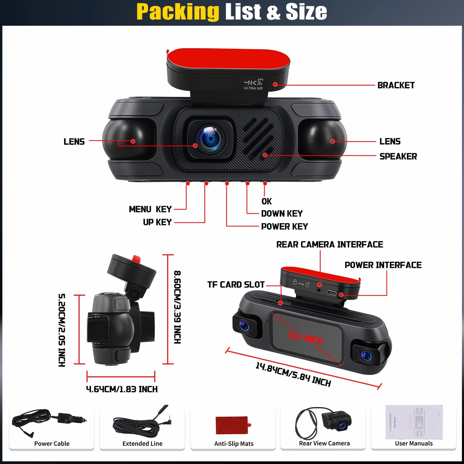 4K 360° Dash Cam Auto con GPS, Videocamera per Auto con Grandangolo 150°, Visione Notturna Super, Monitoraggio del Parcheggio, Sensore G, Registrazione in Loop, APP, Assistenza alla Retromarcia