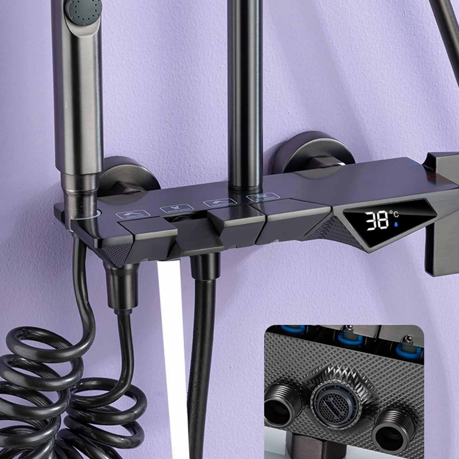 Set di rubinetti con Display Digitale per Sistema Doccia Grigio, Montaggio a Parete con beccuccio per Vasca, soffione a Pioggia, doccetta, Bidet