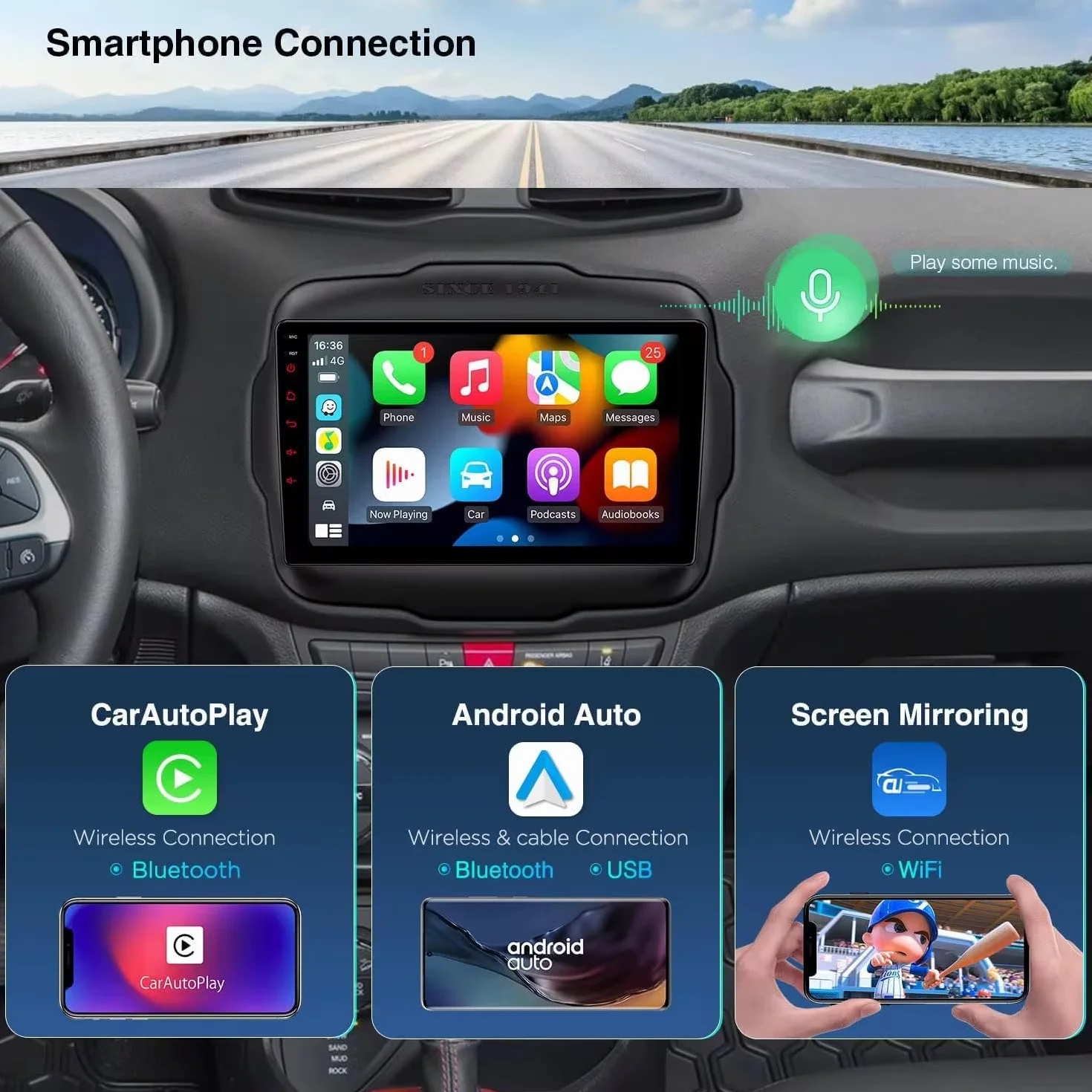 Autoradio Android 9 Pollici per Jeep Renegade 2014-2019, Schermo Touch HD, Apple CarPlay & Android Auto, GPS Navigatore, Bluetooth WiFi USB (4GB RAM 64GB ROM) CTB-RNG10X