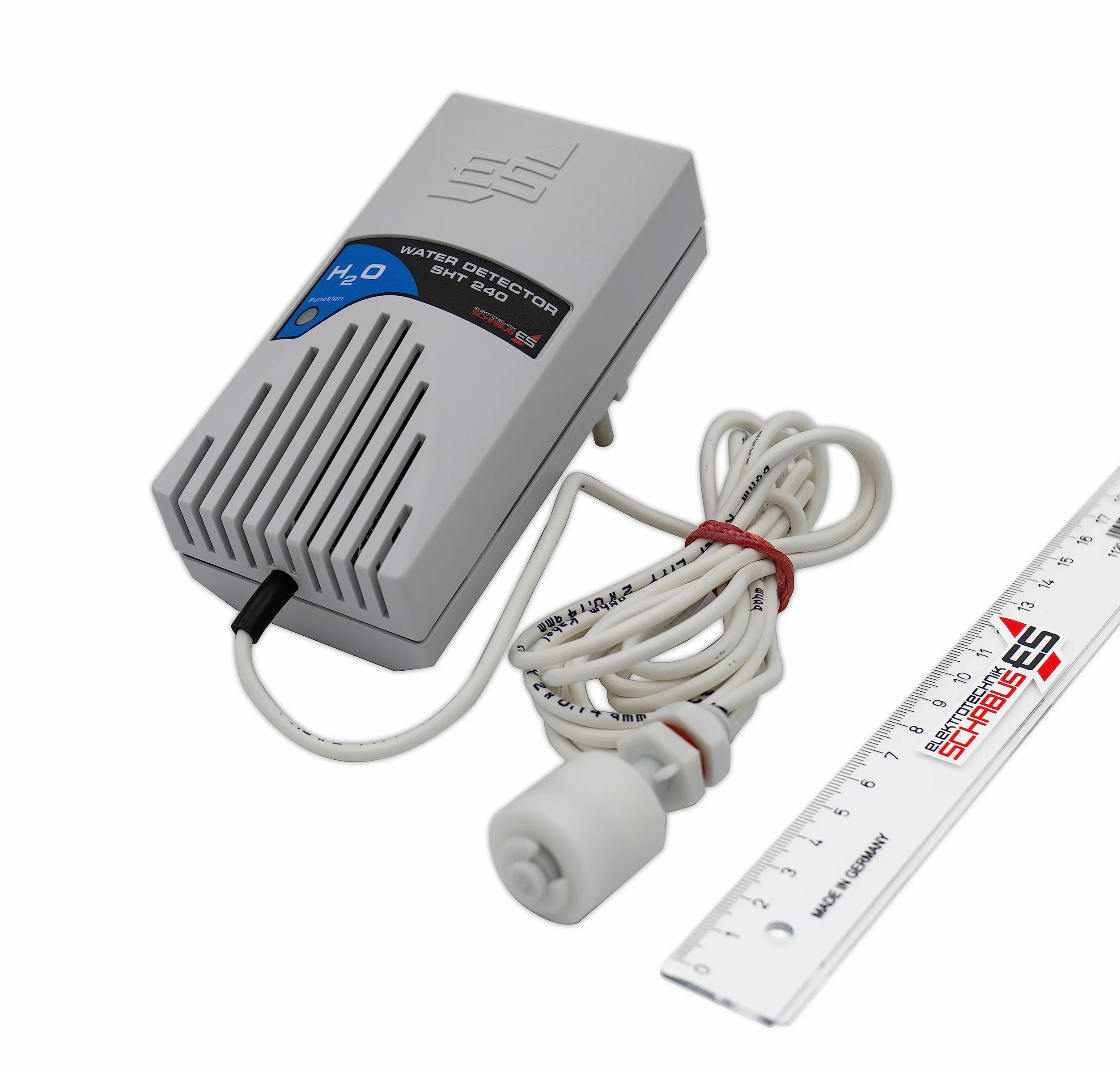 SCHABUS SHT 241 - Rilevatore d'acqua 230 V con mini interruttore galleggiante - allarme acustico e ottico, linea sensore 2,5 m, per acqua sporca, olio combustibile, monitoraggio cisterna