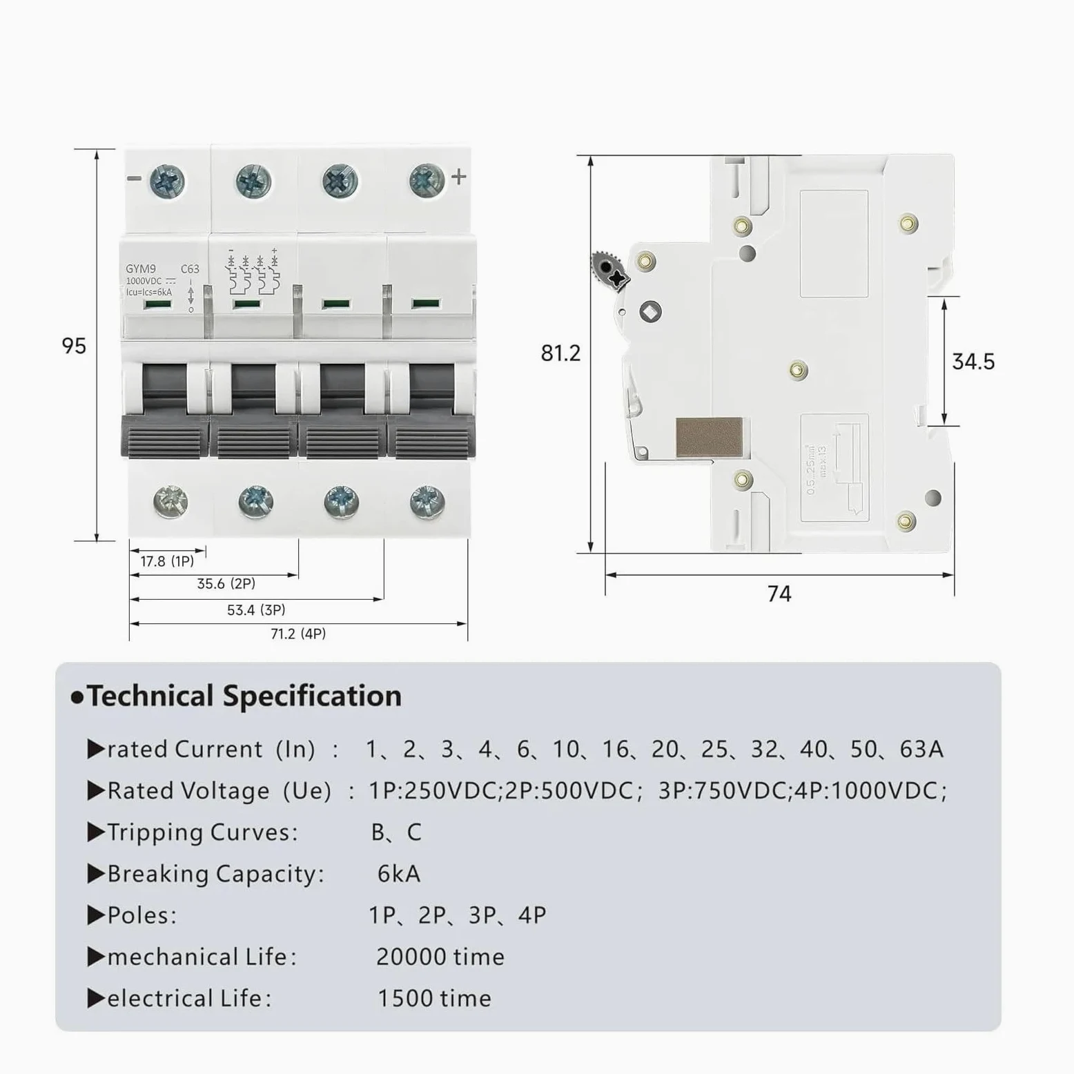 Interruttore automatico DC 6KA 2P 500V Sezionatore isolatore for protezione da sovraccarico del sistema fotovoltaico 6A-63A(63A)