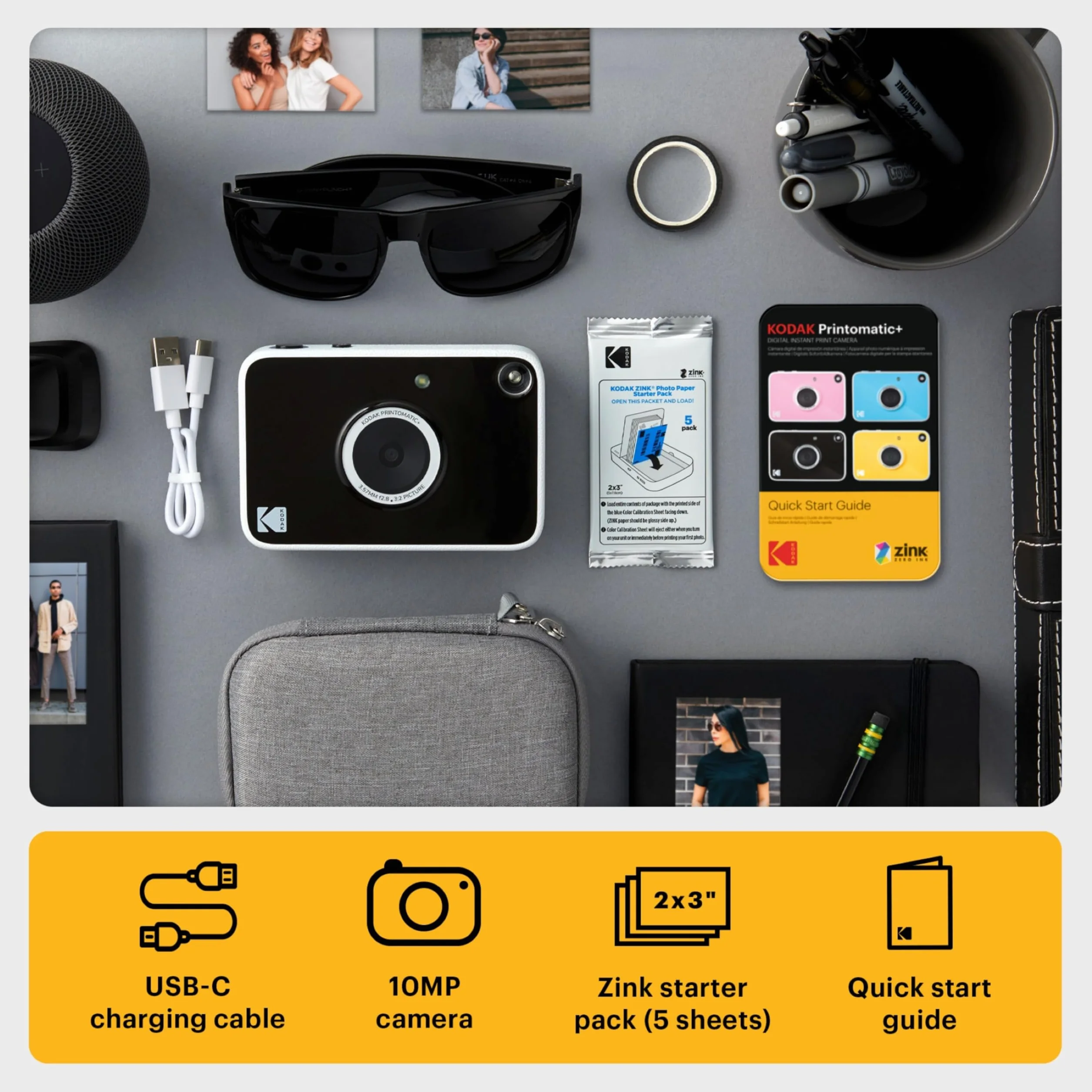 KODAK Printomatic+ Fotocamera Istantanea 10MP Kit Iniziale con Custodia, RGB LED e Carta Adesiva Zink 20pz – Nero