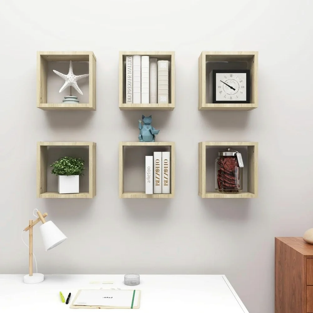 Scaffalature, mensole da parete e sporgenze, mensole cubiche da parete, 6 pezzi, rovere Sonoma, 30 x 15 x 30 cm