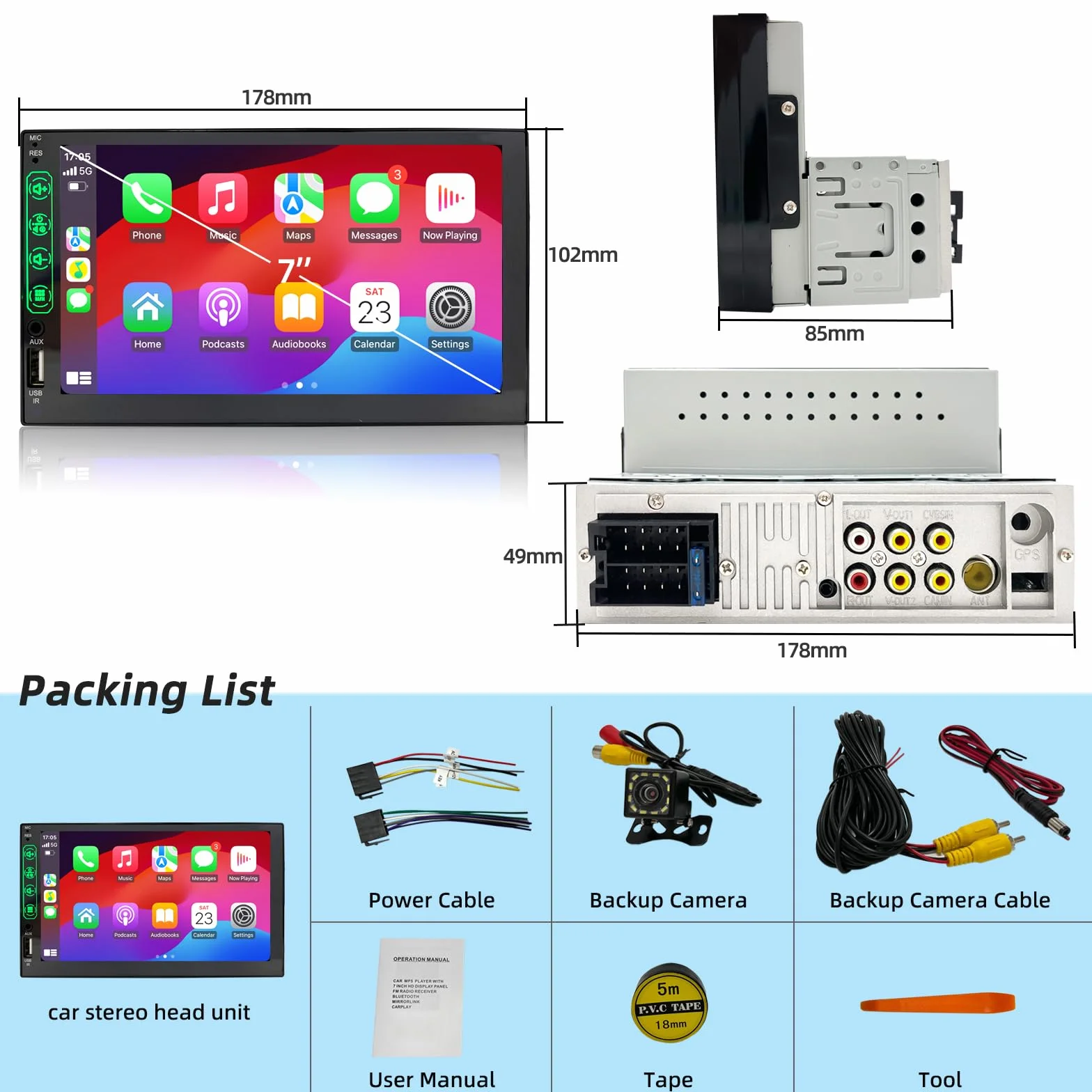 Autoradio 1 DIN con Schermo CarPlay & Android Auto – 7 Pollici Touchscreen Stereo Auto con Schermo, Radio Bluetooth Auto con Mirror Link/USB/FM, Supporta Telecamera Posteriore