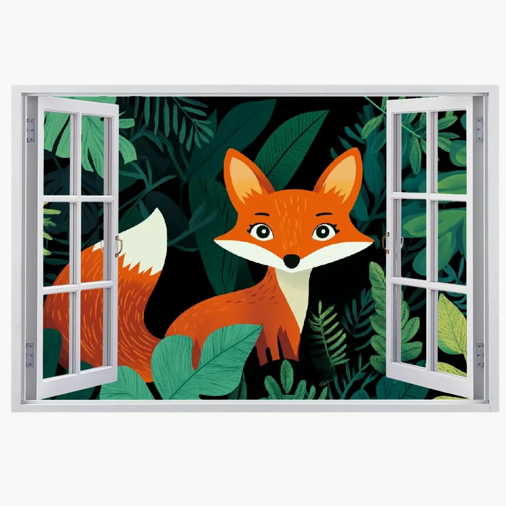 Decalcomanie da muro Art 3D Fracassato Cartone Animato Di Volpe Adesivi murali removibili Pianta Verde Carta da parati Camera da letto autoadesivo per ragazze Camera da letto Nursery Home Decor Gift