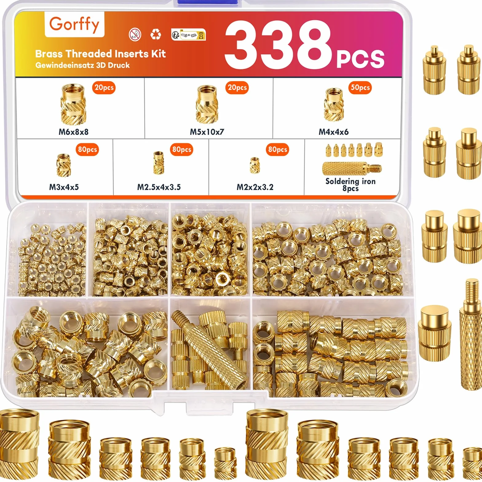 338 inserti filettati con stampa 3D, M2 M2.5 M3 M4 M5 M6, filettatura a fusione con saldatore, set di dadi in ottone, zigrinati con stampa 3D