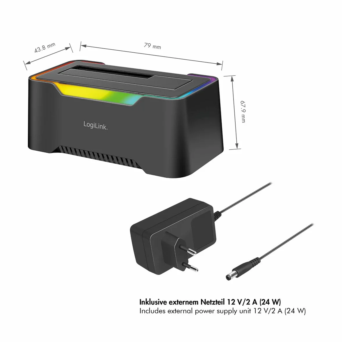 LogiLink Docking Station USB-C (3.2 Gen1) per HDD/SSD SATA da 2.5" e 3.5", con luce RGB, compatibile con Thunderbolt, Windows, Mac OS, Linux