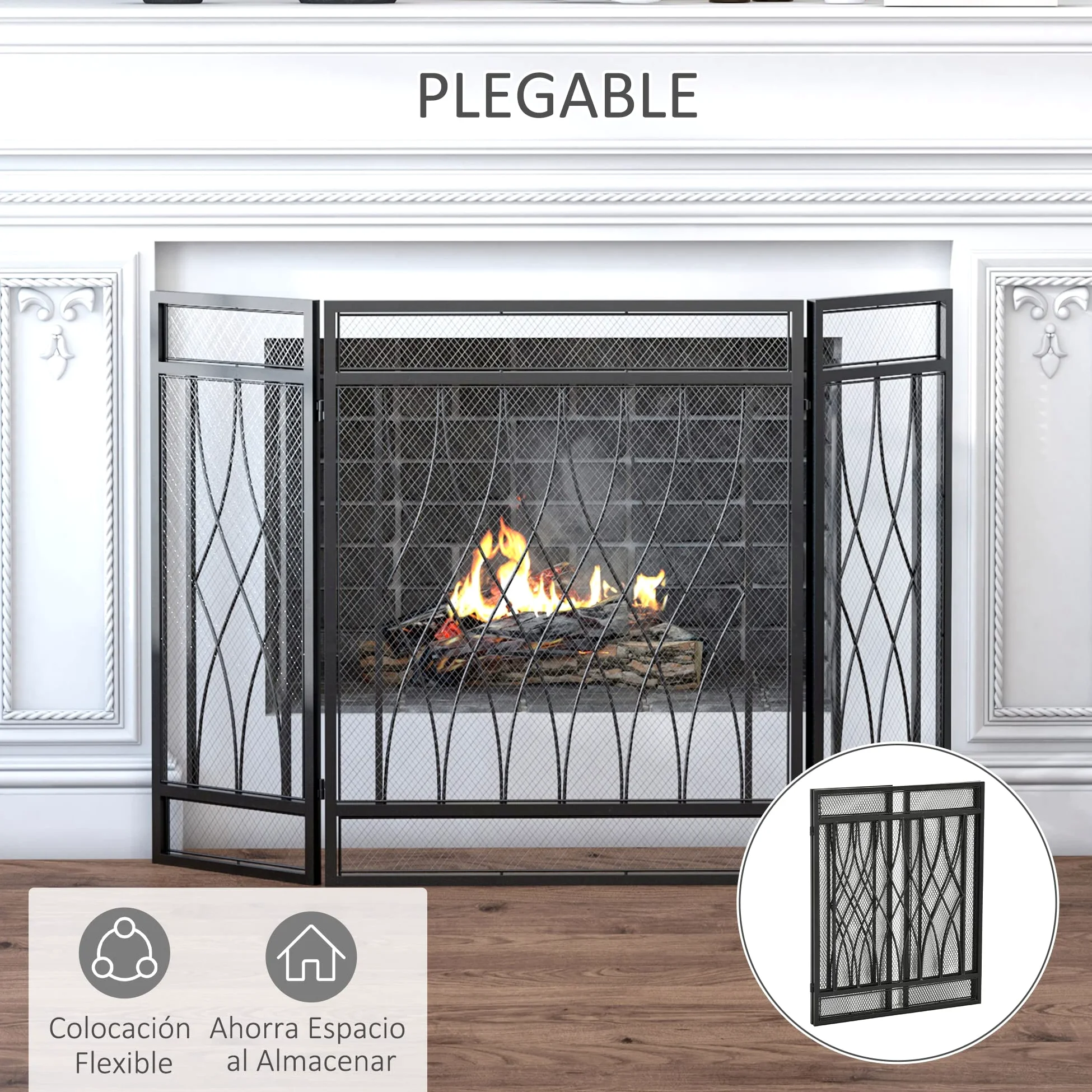HOMCOM Parafuoco pieghevole a 3 pannelli con cerniere e struttura decorativa in metallo 126x3x80 cm Nero
