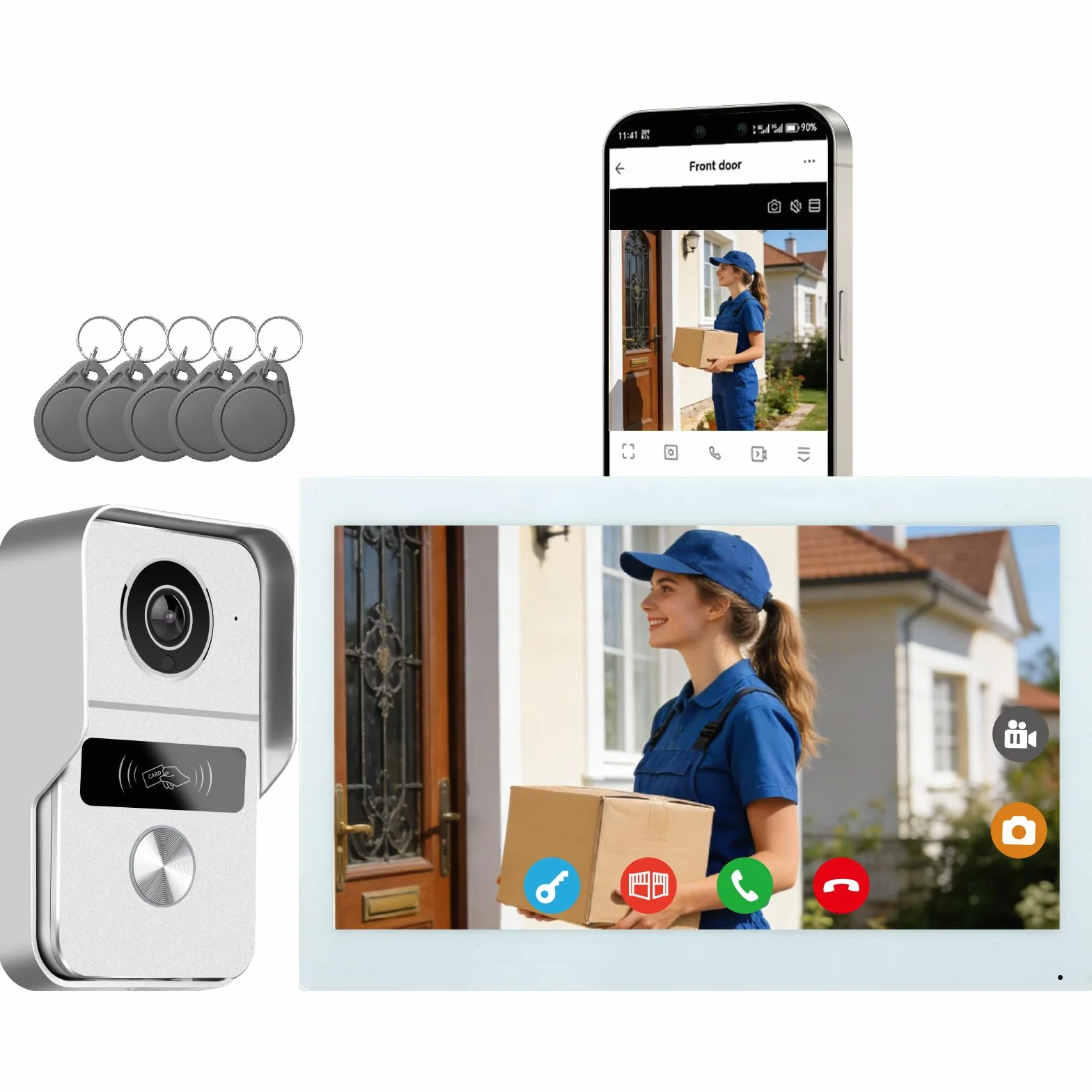 Sistema di videocitofono a 2 fili KW02, 1080p e Audio Bidirezionale, sblocco remoto porta/cancello, controllo accessi APP/RFID, touch screen da 10.1 pollici, Rilevamento Presenza, Bianco