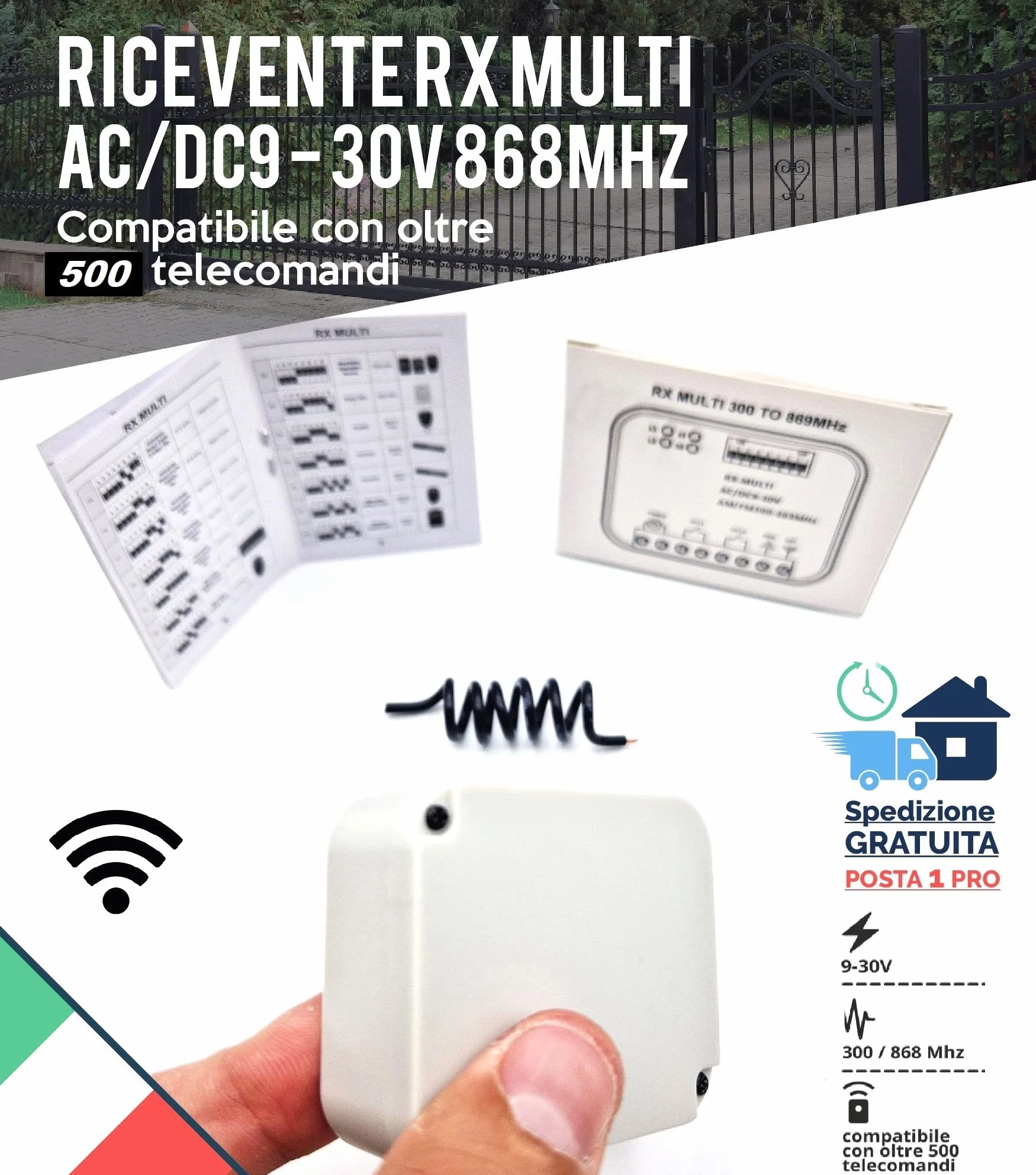 RICEVENTE CENTRALINA RADIO UNIVERSALE CON TELECOMANDO 2 CH 433 868 MHZ AC/DC