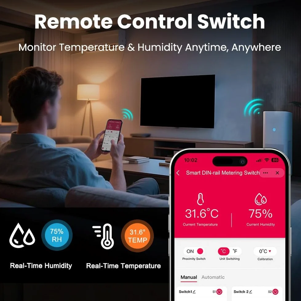 Termostato con display digitale su guida DIN con sonda, interruttore relè regolatore di temperatura e umidità intelligente WiFi per app Tuya, pianificazione timer