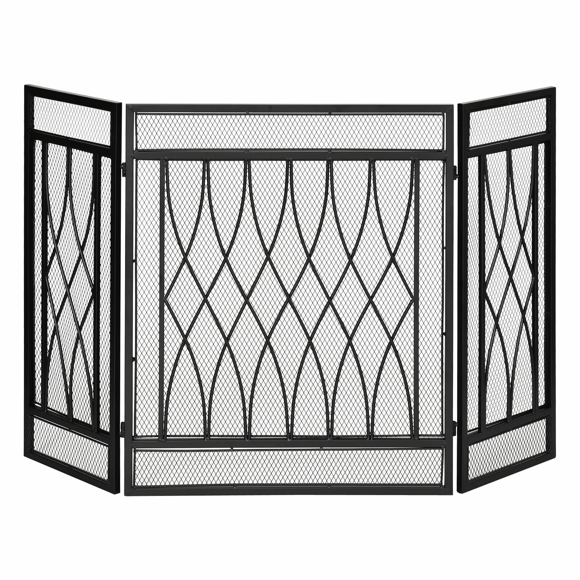 HOMCOM Parafuoco pieghevole a 3 pannelli con cerniere e struttura decorativa in metallo 126x3x80 cm Nero