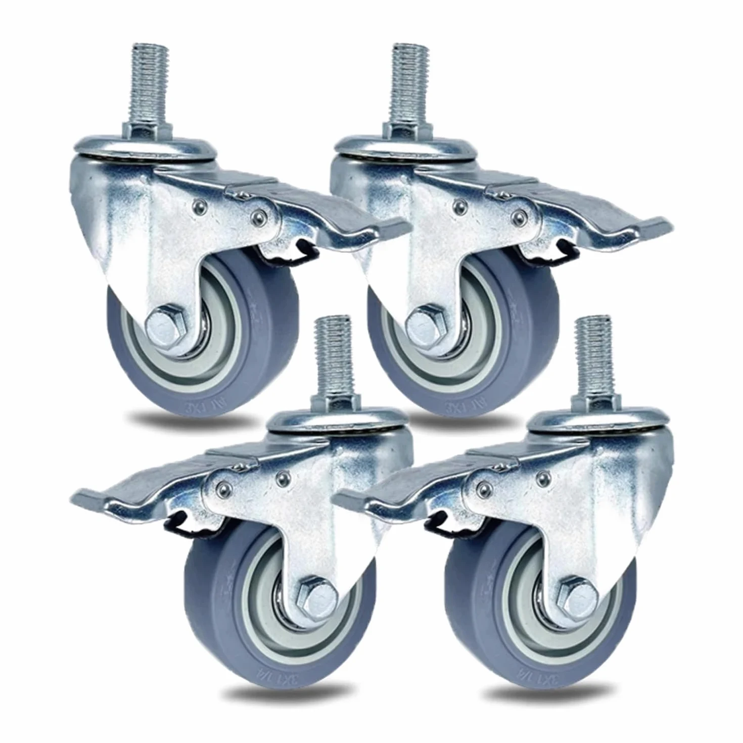 Ruote per carichi Pesanti da 75 mm, 4 Pezzi, Ruote in Gomma con Freno, Filettatura M14/M16/M20, rotelle per mobili, capacità di carico 300 kg per carrelli Porta-Attrezzi e mobili.