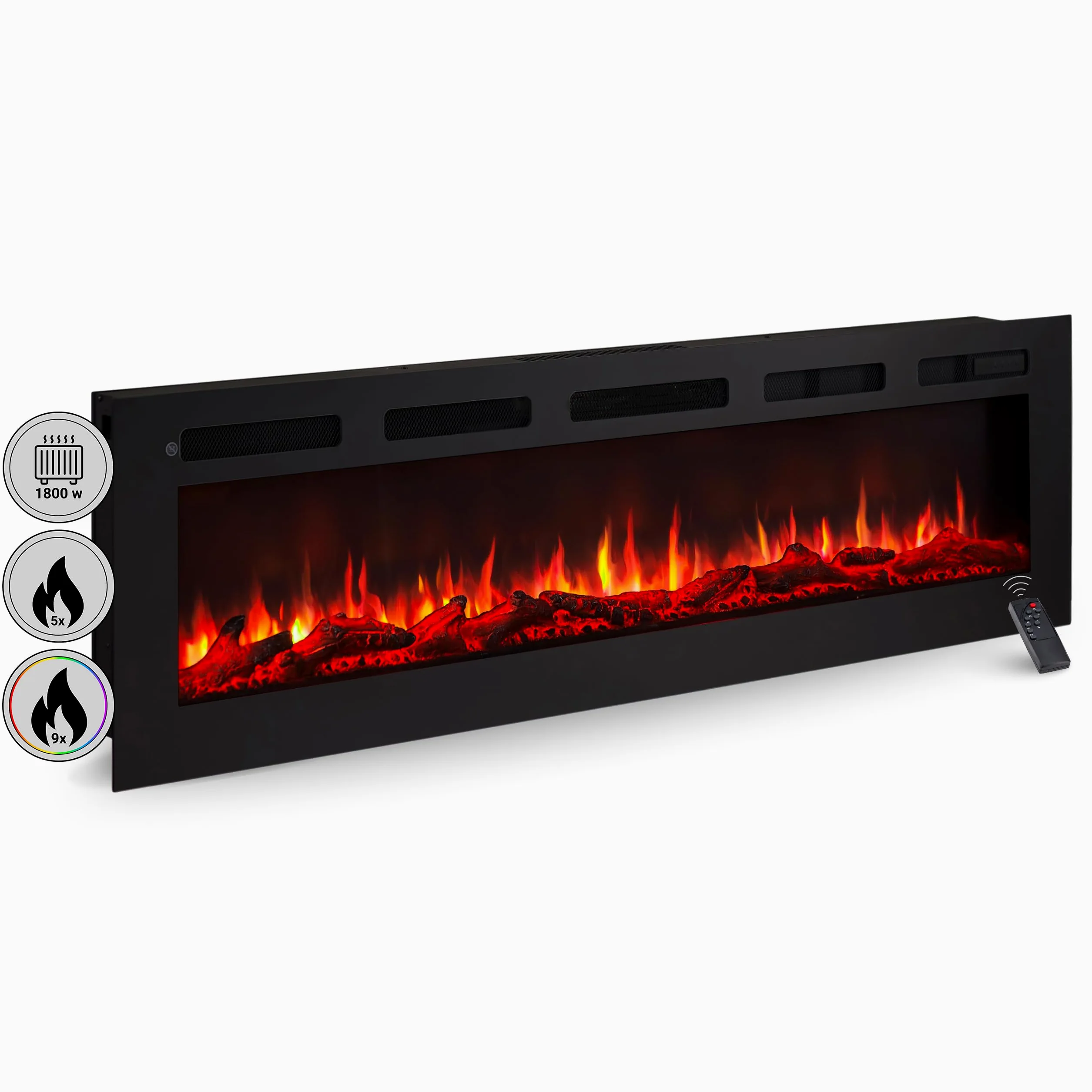 BALDERIA camino elettrico Leif 60"| Caminetto elettrico a pavimento o a muro con riscaldamento 2000 W | Effetto fiamma 3D | Focolare a terra o a parete con telecomando, timer, termostato | Nero