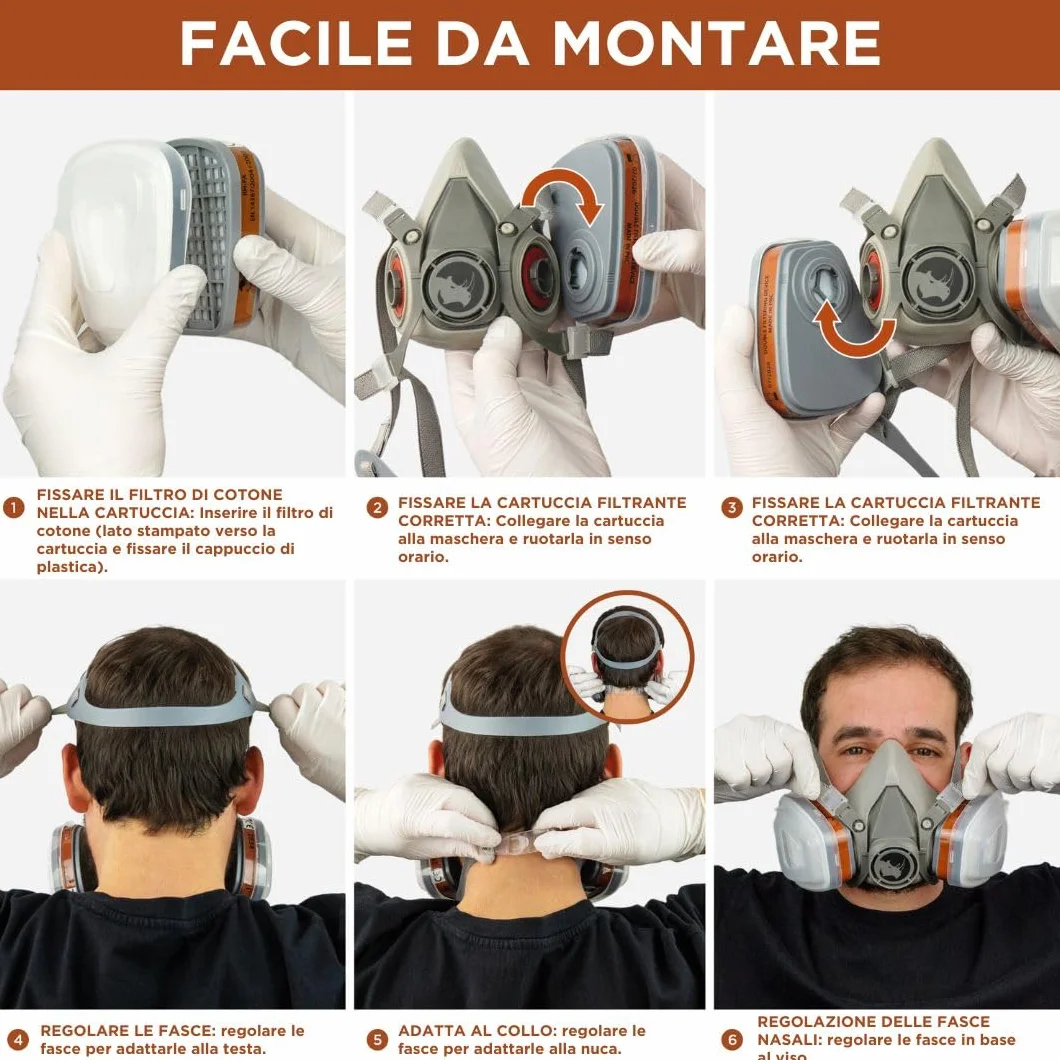 RHINO Smart Solutions Maschera Antigas A1 con Filtri, Occhiali, Guanti di Sicurezza Antipolvere Verniciatura