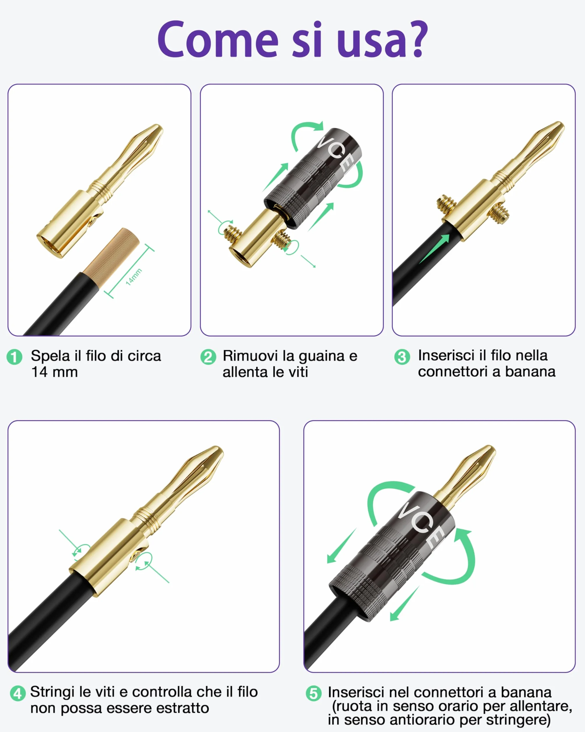 VCELINK 4mm Connettori a Banana, Placcate in oro 24K Connettori Banane Hifi a Doppia Vite per Fili da 12-18 AWG, Piastra a muro, Amplificatore, Home Theater, 4 Pezzie