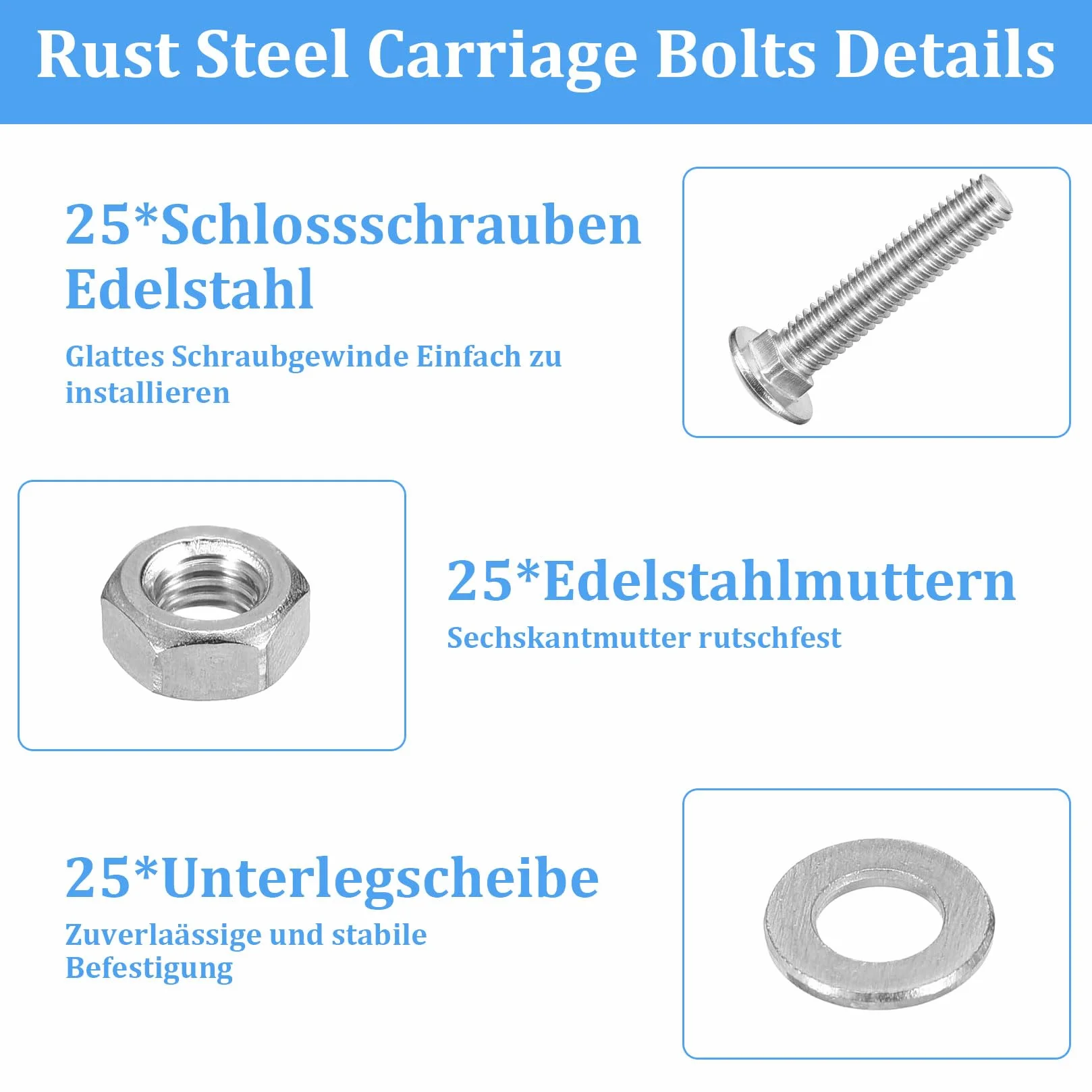 Bulloni Carrello Viti a Testa Tonda M6 x 60mm Acciaio Inox V2A A2 con Dadi e Rondelle Set 25 Pezzi