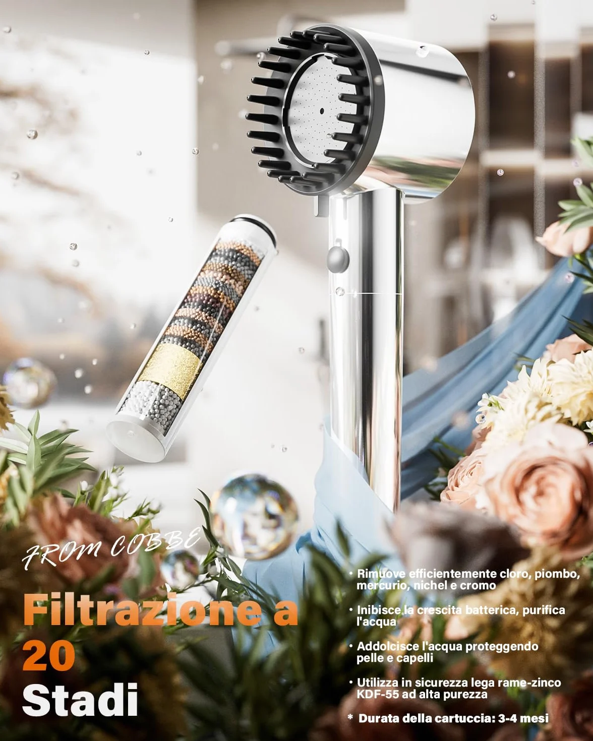 Cobbe Soffione doccia con filtro, soffione doccia ad alta pressione con filtro a 20 fasi, 5 modalità di spruzzo, potente lavaggio integrato per rimuovere il cloro, allevia il prurito cutaneo (Cromo)