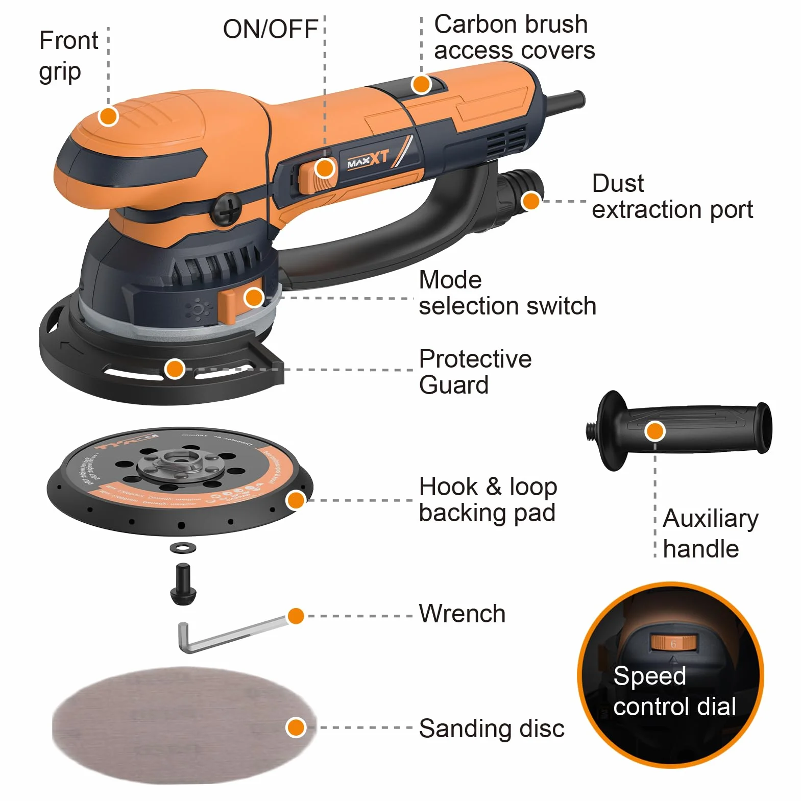MAXXT Levigatrice Orbitale Dual-Mode da 800W: Passaggio Modalità Grezza e Fine/Estrazione Polvere ad Alta Efficienza/Controllo a 6 Velocità (3300-7400 RPM) — Carrozzeria Auto, Metallo e Legno