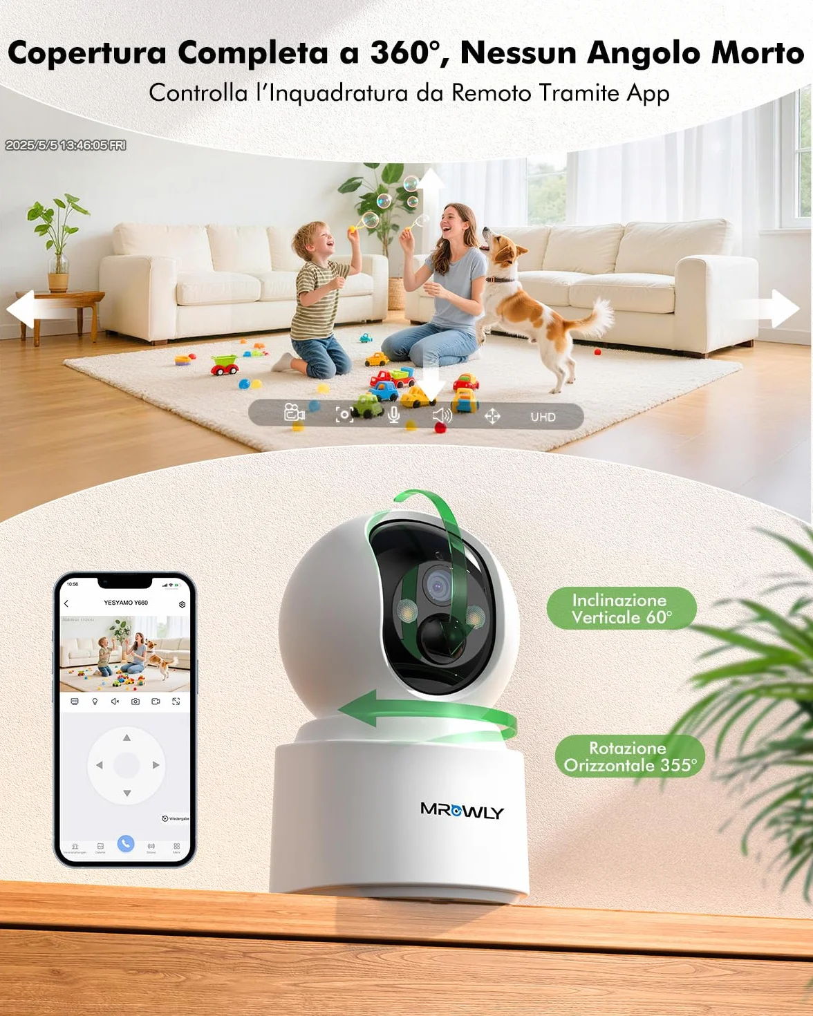 4MP 2,5K Telecamera WiFi Interno Senza Fili con Batteria 6000mAh, Rotazione 360°, Wi-Fi Dual Band 2,4/5 GHz, Rilevamento PIR, Visione Notturna a Colori, Audio Bidirezionale, Senza Forare