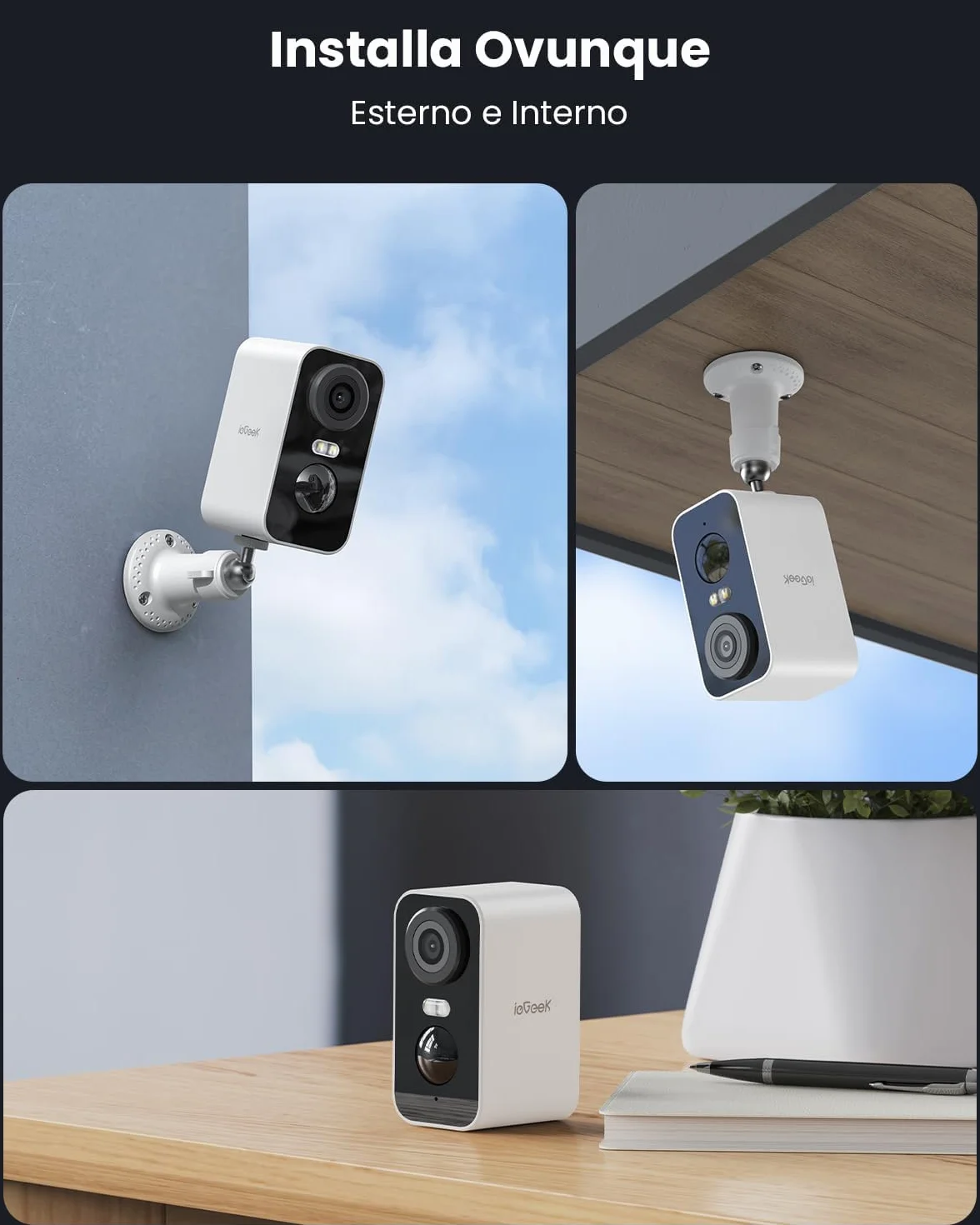 ieGeek 2K Telecamera Wi-Fi Esterno/Interno Senza Fili Batteria, Faro e Allarme Integrato, Visione Notturna a Colori, Rilevamento Movimento PIR, 2 Vie Audio, SD/Cloud Archiviazione, 2,4GHz WiFi, IP65