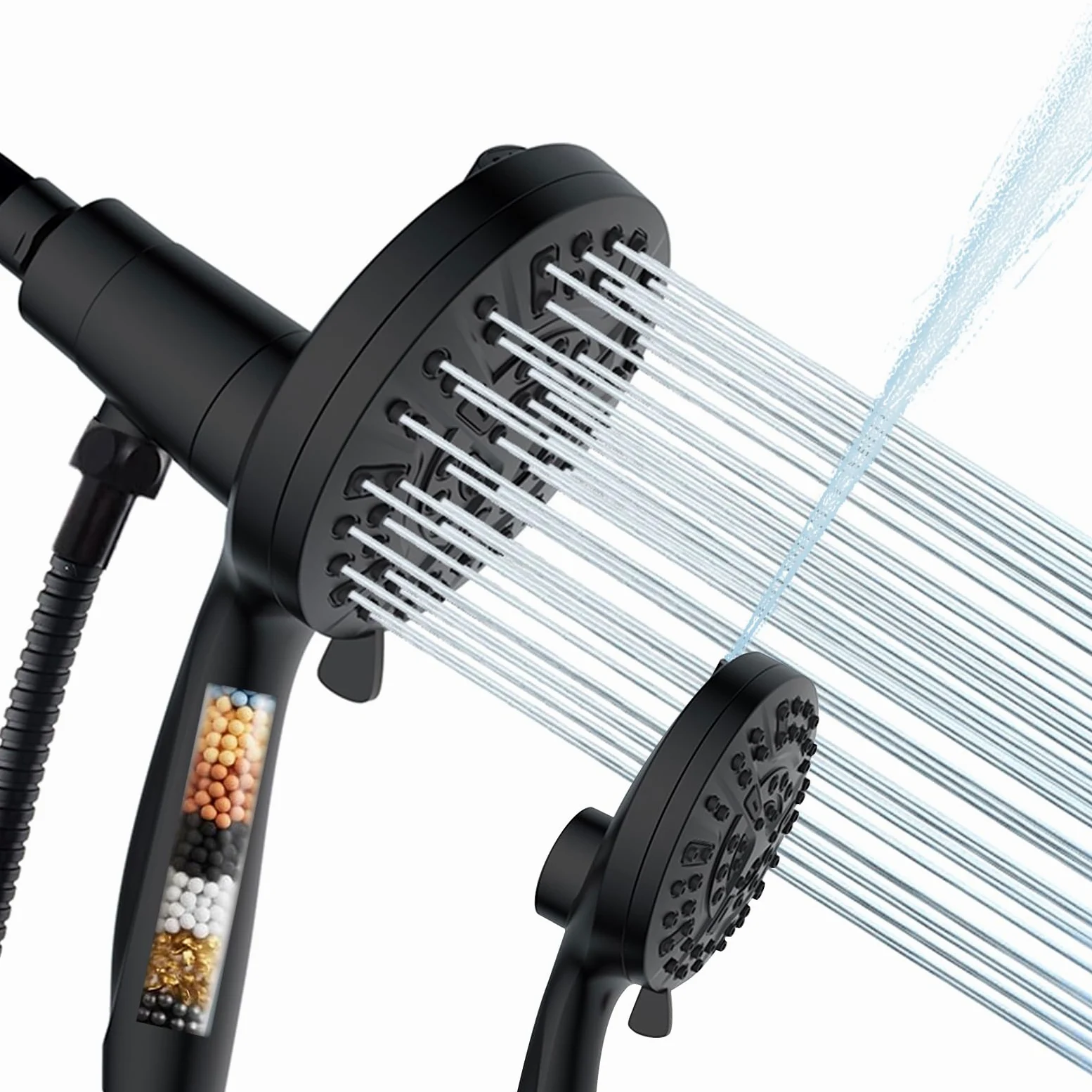 Soffione doccia filtrato palmare – 10 modalità di spruzzo ad alta pressione, con combinazione di spray portatile, soffione doccia con collegamento magnetico, con tubo lungo 152 cm (nero opaco)