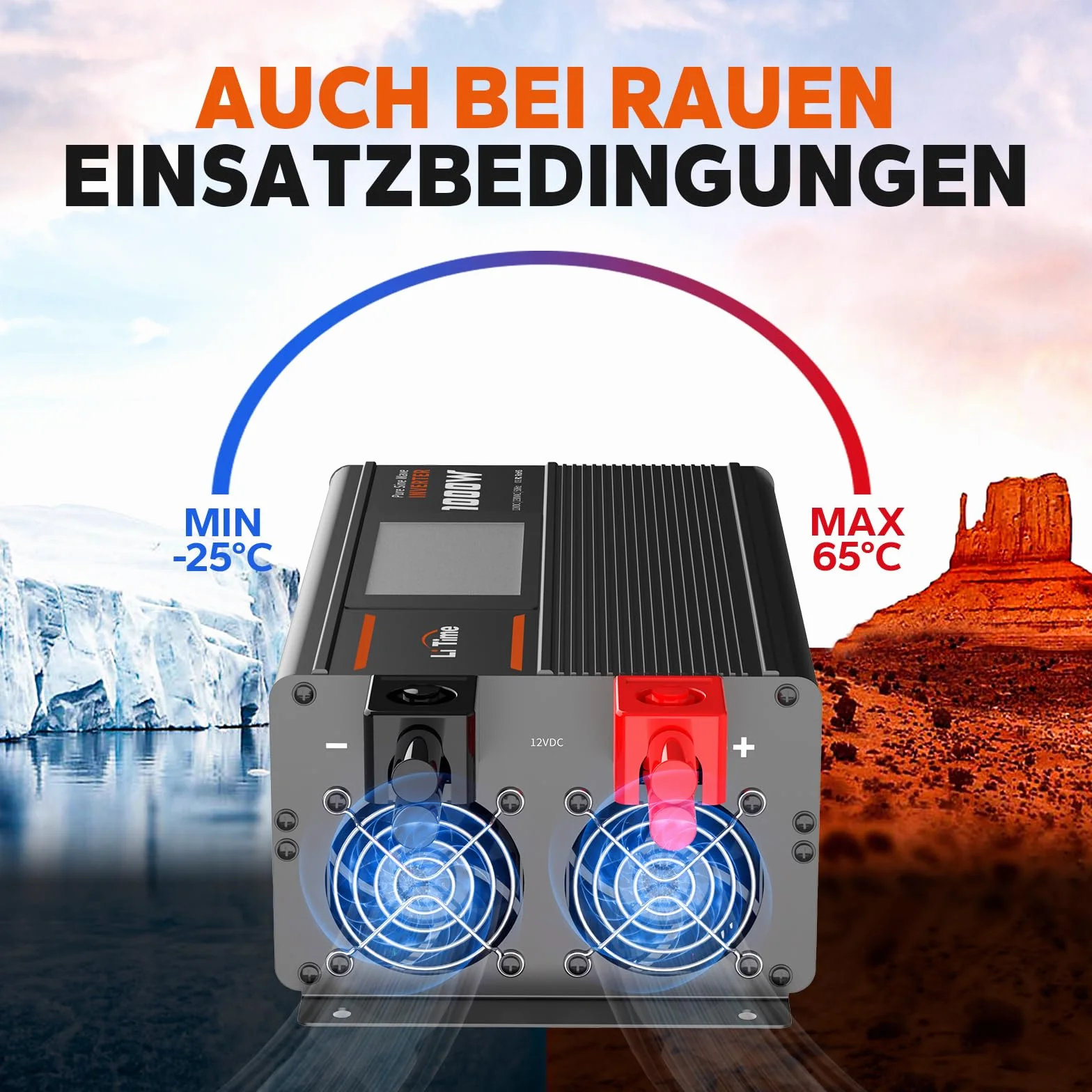 LiTime 1000 W Inverter Sinsus Pure 12 V DC a 230 V AC Convertitore per Camping-Car, Camping, Inverter Solare con 2 uscite AC, Display di Sorveglianza con Visualizzazione dello stato in tempo reale