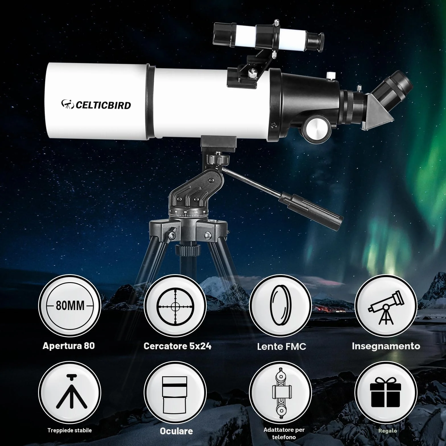 CELTICBIRD Telescopio 80AZ per adulti, telescopi da viaggio ad alta potenza per principianti dell'astronomia, telescopio rifrattore da 80 mm di apertura e 600 mm di lunghezza focale con montatura AZ