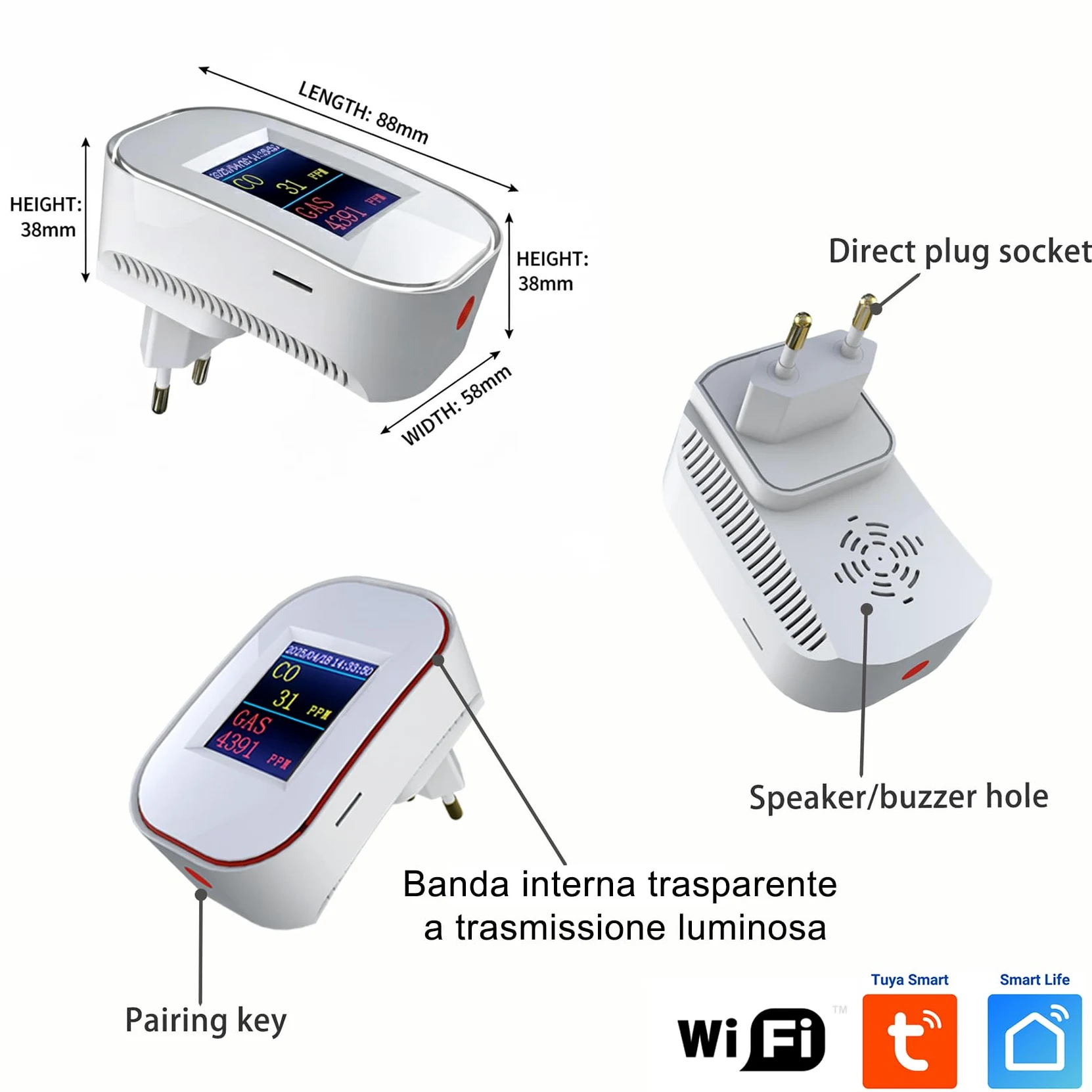 SINOTÉCA Rilevatore Gas e Monossido di Carbonio WiFi, 2 in 1 Metano/GPL/Propano, Display LED PPM, Notifiche App Tuya, Presa a Muro Senza Batteria, EN50291 EN50194, per Casa Cucina Garage Camper