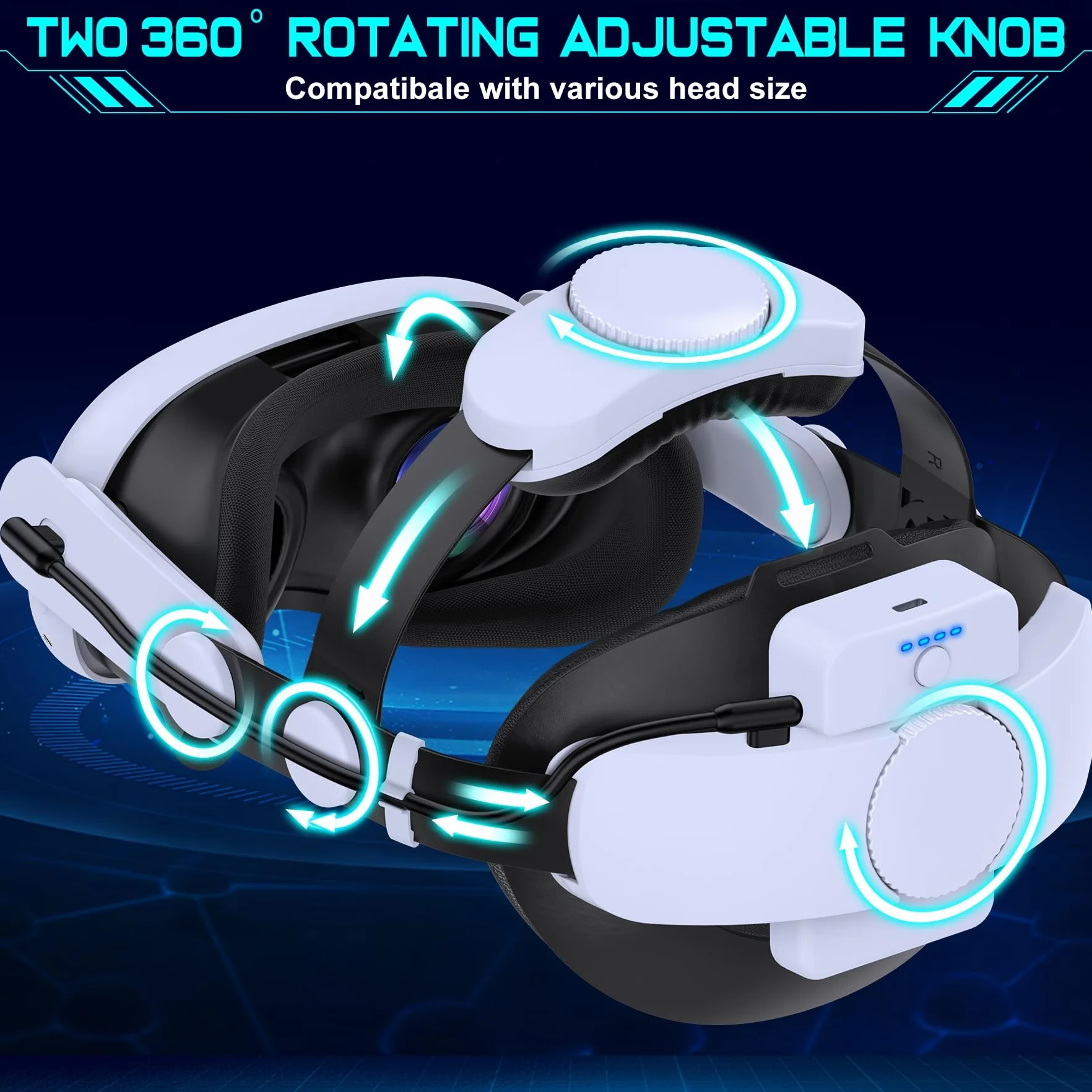 MQ Series Head Strap con batteria da 7500 mAh, cinturino regolabile VR Elite per Meta Quest 3S/Quest 3/Quest 2 con due pulsanti - Prolunga il tempo di riproduzione per gli accessori Oculus
