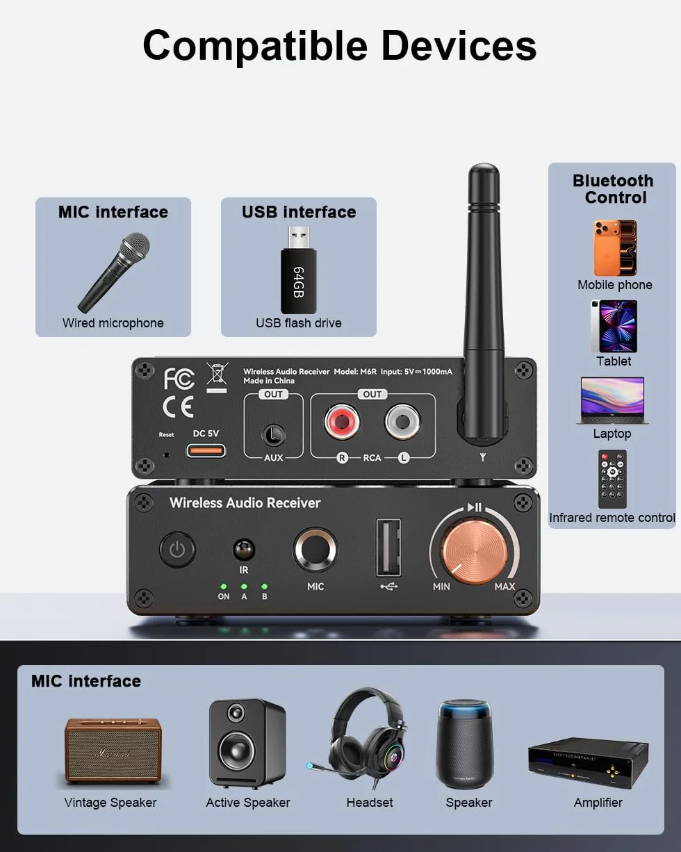 Ricevitore Bluetooth 6.0, adattatore audio wireless ad alta risoluzione con bassa latenza che supporta chiavette USB, jack da 3,5 mm, chiamate, per vecchi stereo/altoparlanti cablati