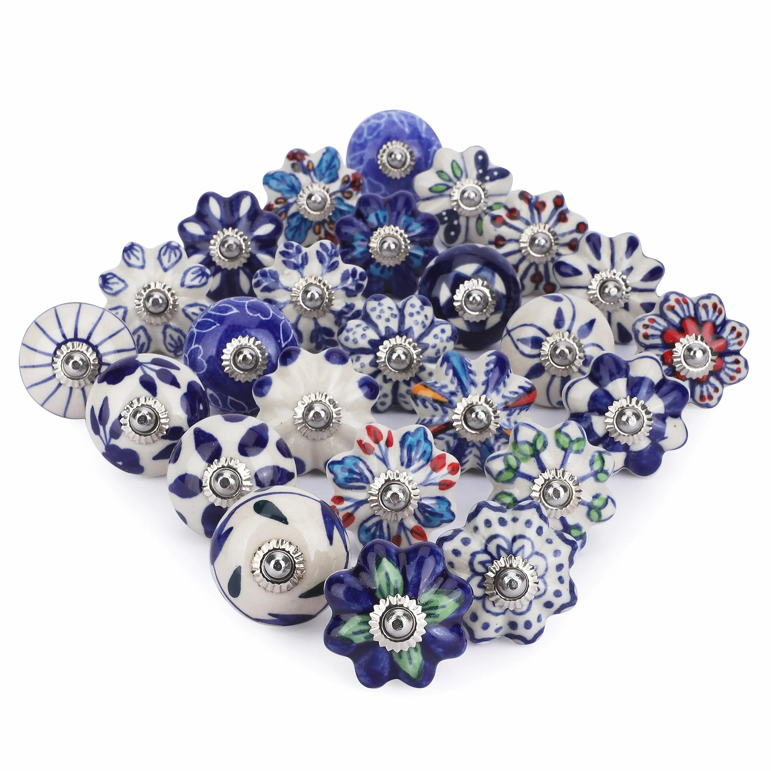 Set di 25 Pomelli in Ceramica Blu Colorati per Mobili da Cucina Armadietti da Bagno Cassettiere Decorativi Fatti a Mano