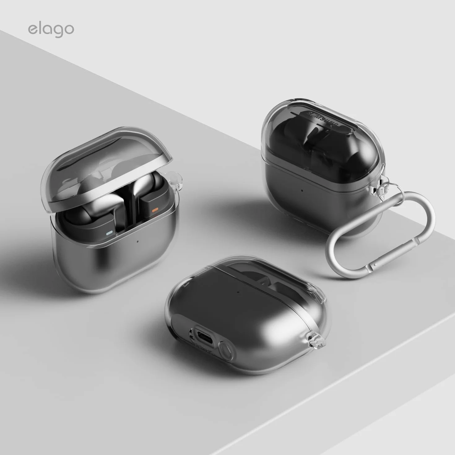 elago Custodia Trasparente per Samsung Galaxy Buds 3 & Buds 3 Pro & Buds FE 3, con Moschettone, Cover in TPU Premium, Ricarica Wireless, Accessori per Cuffie (Trasparente)