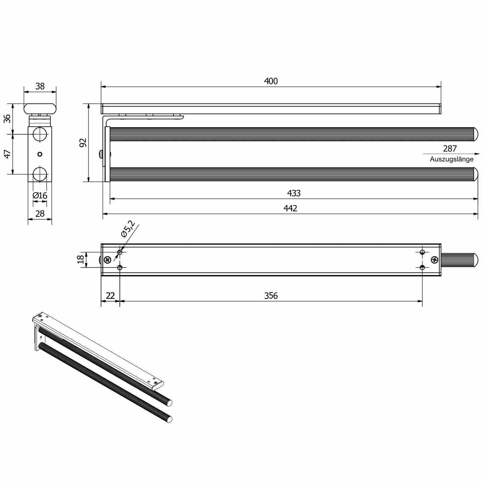 SOTECH Portasciugamani in alluminio nero opaco 2 bracci telescopico 450-730 mm