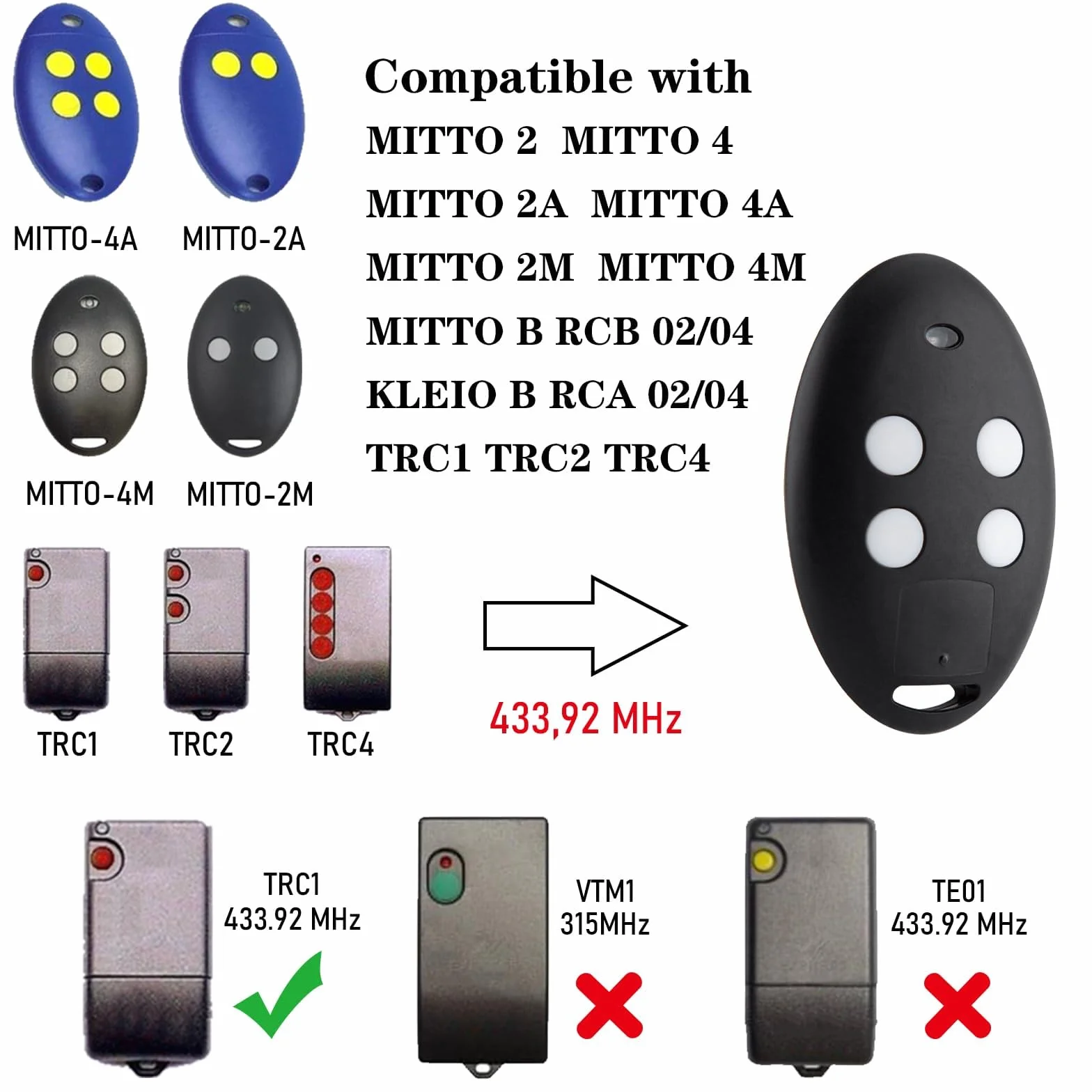 pepape telecomando porta garage per MITTO-4M, MITTO-2M, MITTO 2, MITTO 4, B RCB02, B RCB04, compatibile con 433.92MHz rolling code telecomando di ricambio