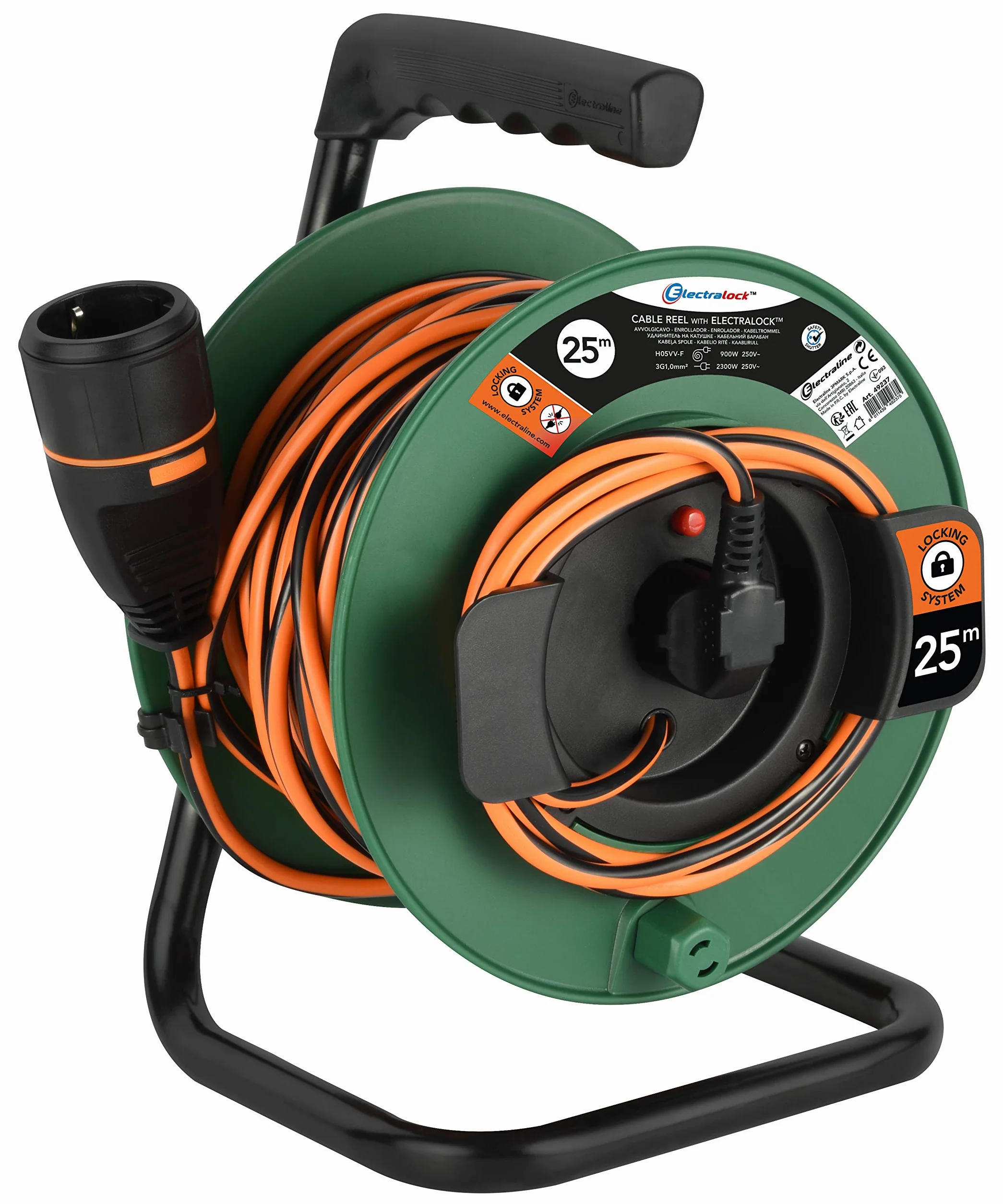 Electraline 49237 Avvolgicavo con Prolunga Elettrica da Giardino 25M 3G1 con Presa Electralock e maniglia ergonomica