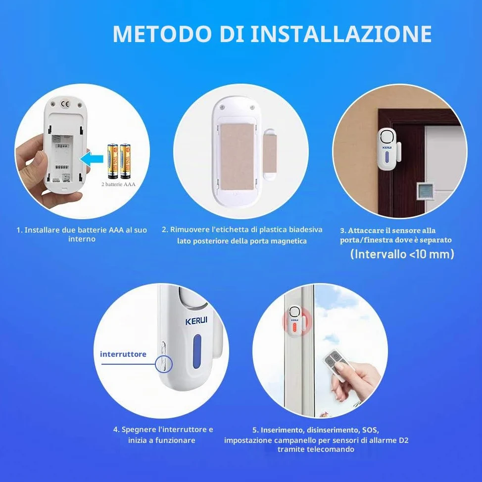 KERUI Allarme Casa Senza Fili D2, 4 Zone Sistemi di Sicurezza Domestica con 2 Sensore Movimento,1 Allarme Porta 4 Sensori Porta 1 Telecomando, 120dB Sensori Allarme Porte e Finestre per Casa Garage