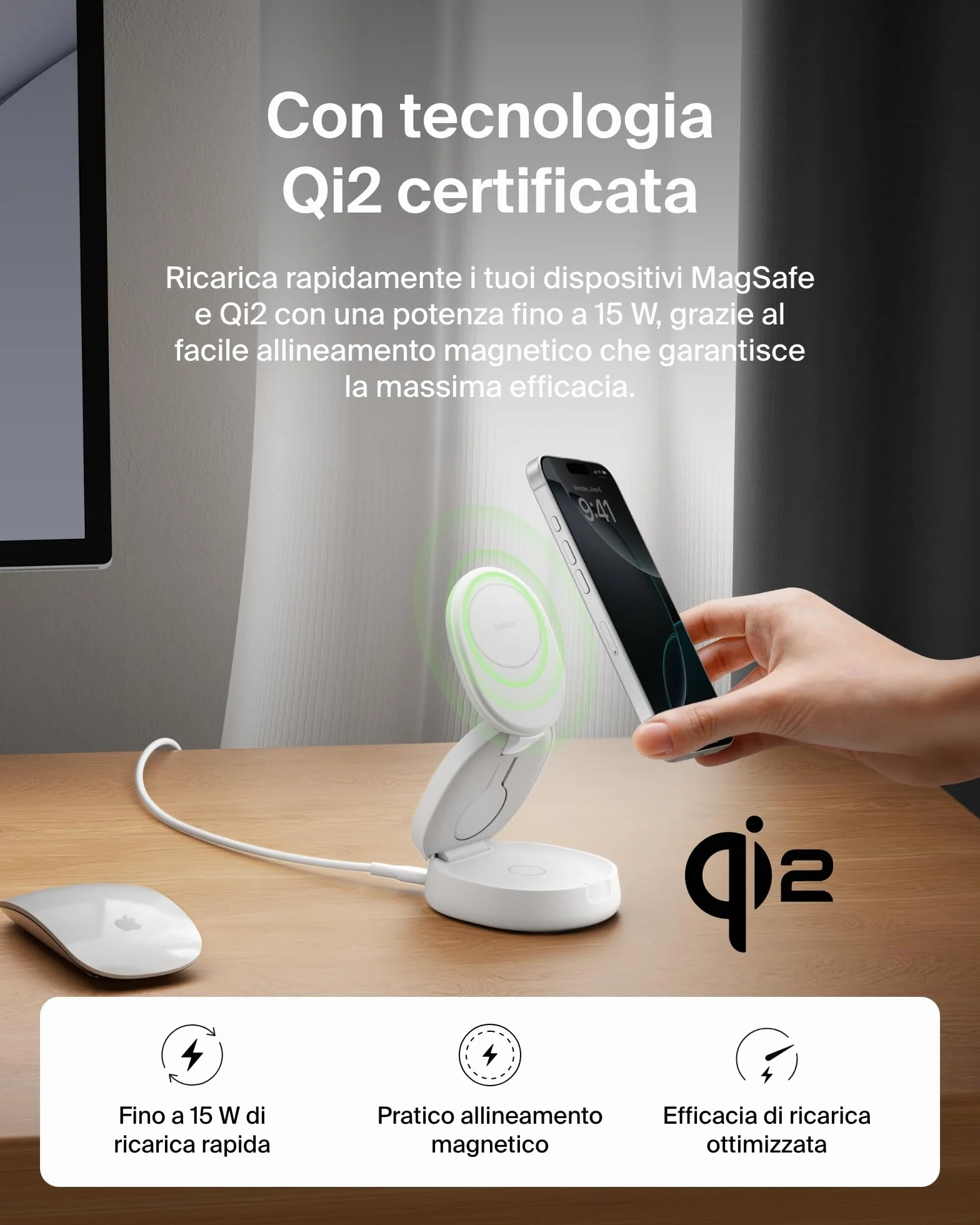 Belkin BoostCharge Caricatore Wireless Compatibile con MagSafe, Stazione di Ricarica wireless 3 in 1, Qi2 15 W per iPhone 17, Air, Apple Watch, AirPods, Pixelsnap, alimentatore da 36W - Bianco