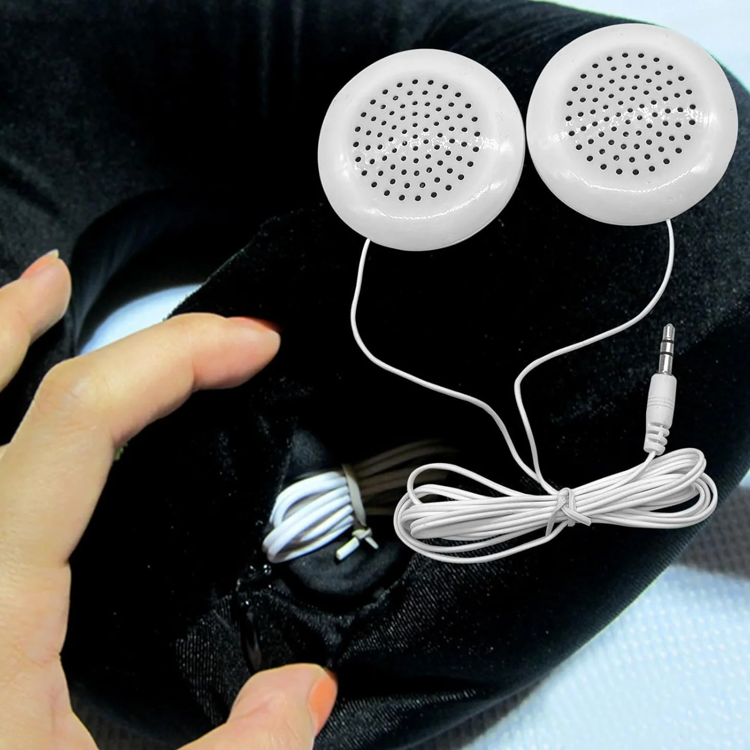 Flylin Altoparlante per Cuscino, Doppio Mini Altoparlante Stereo Migliorato, Bianco Rotondo, Cavo 3.5mm, Compatibile con Telefono, MP3 e CD, per Dormire e Rilassarsi