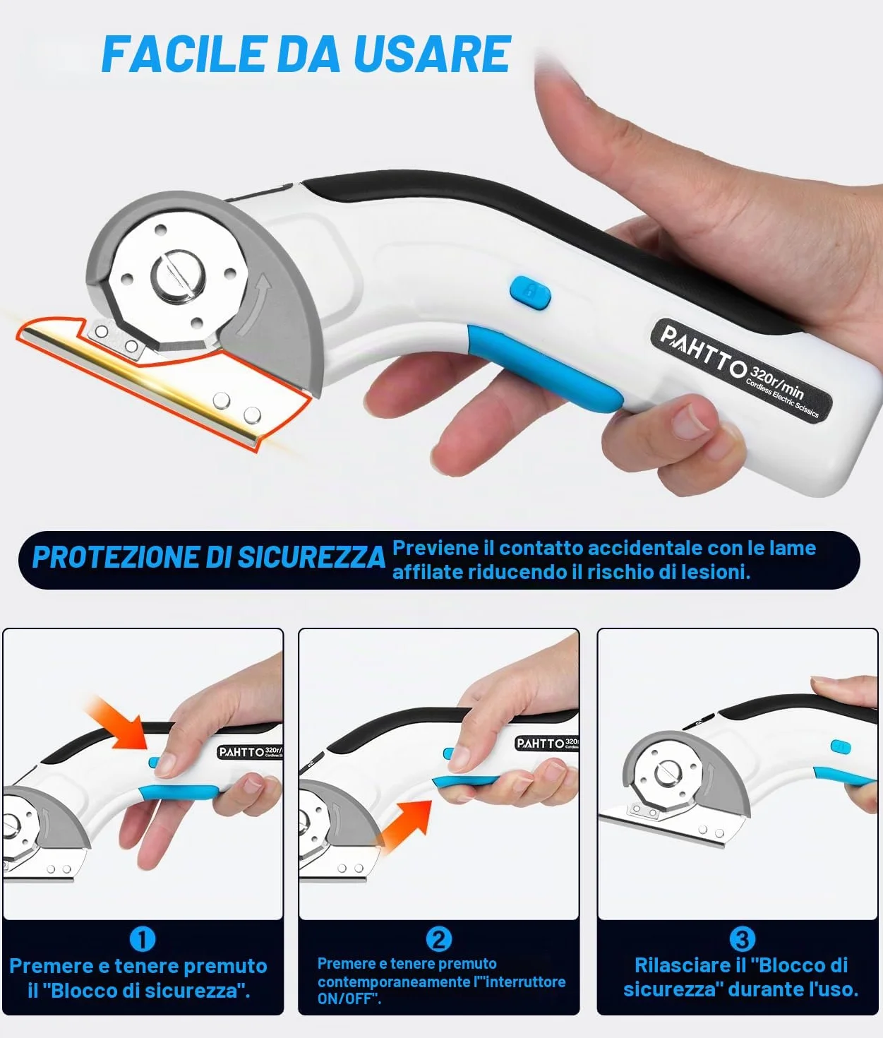 PAHTTO Forbici elettriche senza fili Taglierina rotante 4V 320 giri/min con 2 lame autoaffilanti per cartone, pelle, tessuto