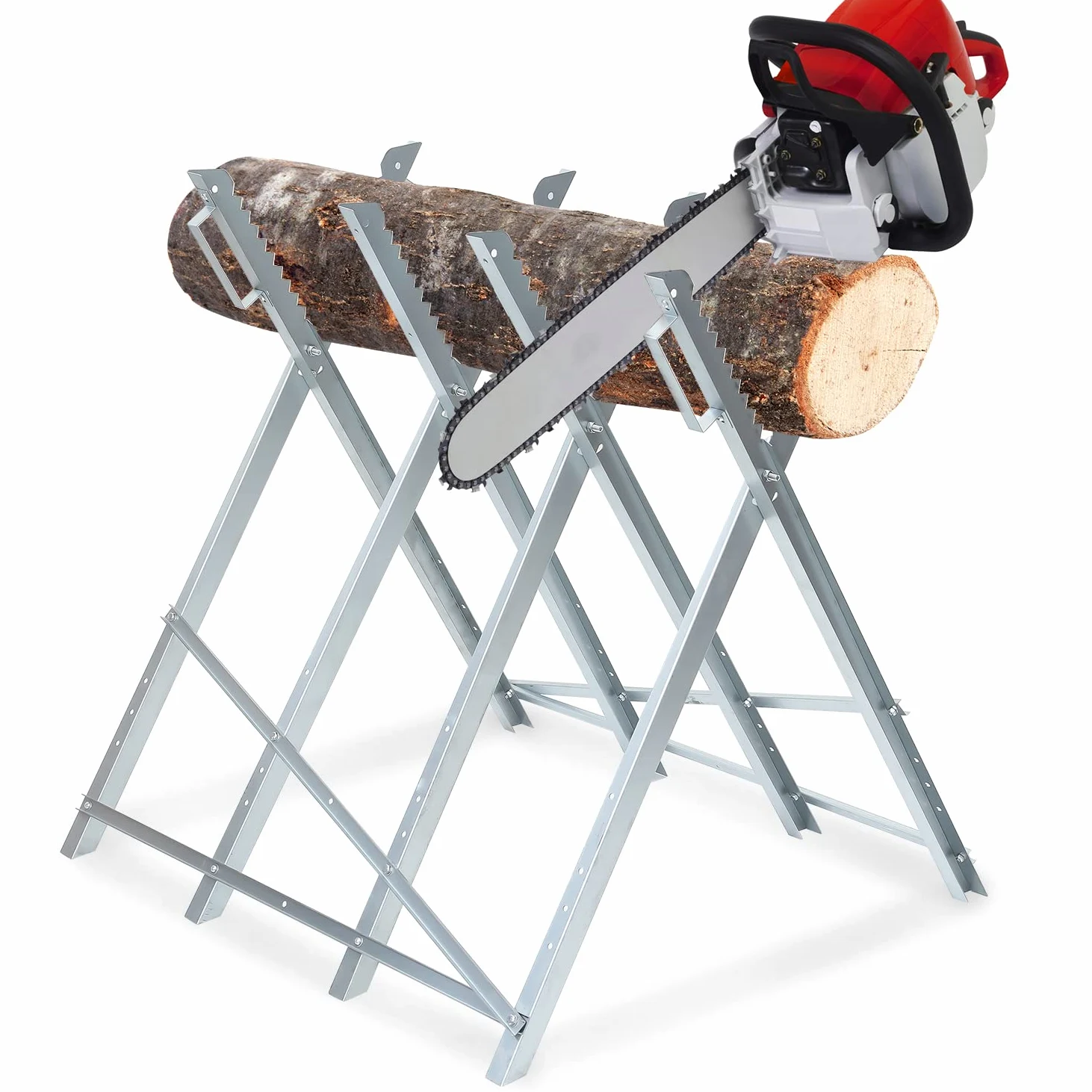 Daromigo Cavalletto Taglialegna, Ponticello di Taglio Pieghevole, Zincato portata 150 kg, per motoseghe o seghe a mano, Supporto motosega per taglio legna, 81 x 80 x 80 cm Argento