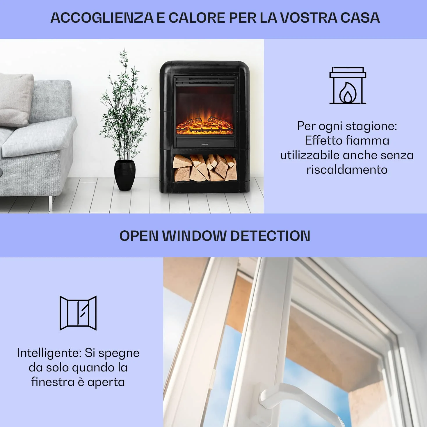 Klarstein Camino Elettrico, Camino da Terra con Mensola, Riscaldamento Elettrico con Fiamma LED, Caminetto Elettrico 1800W, Camino Finto con Telecomando, Timer, Controllo Temperatura, Termocamino