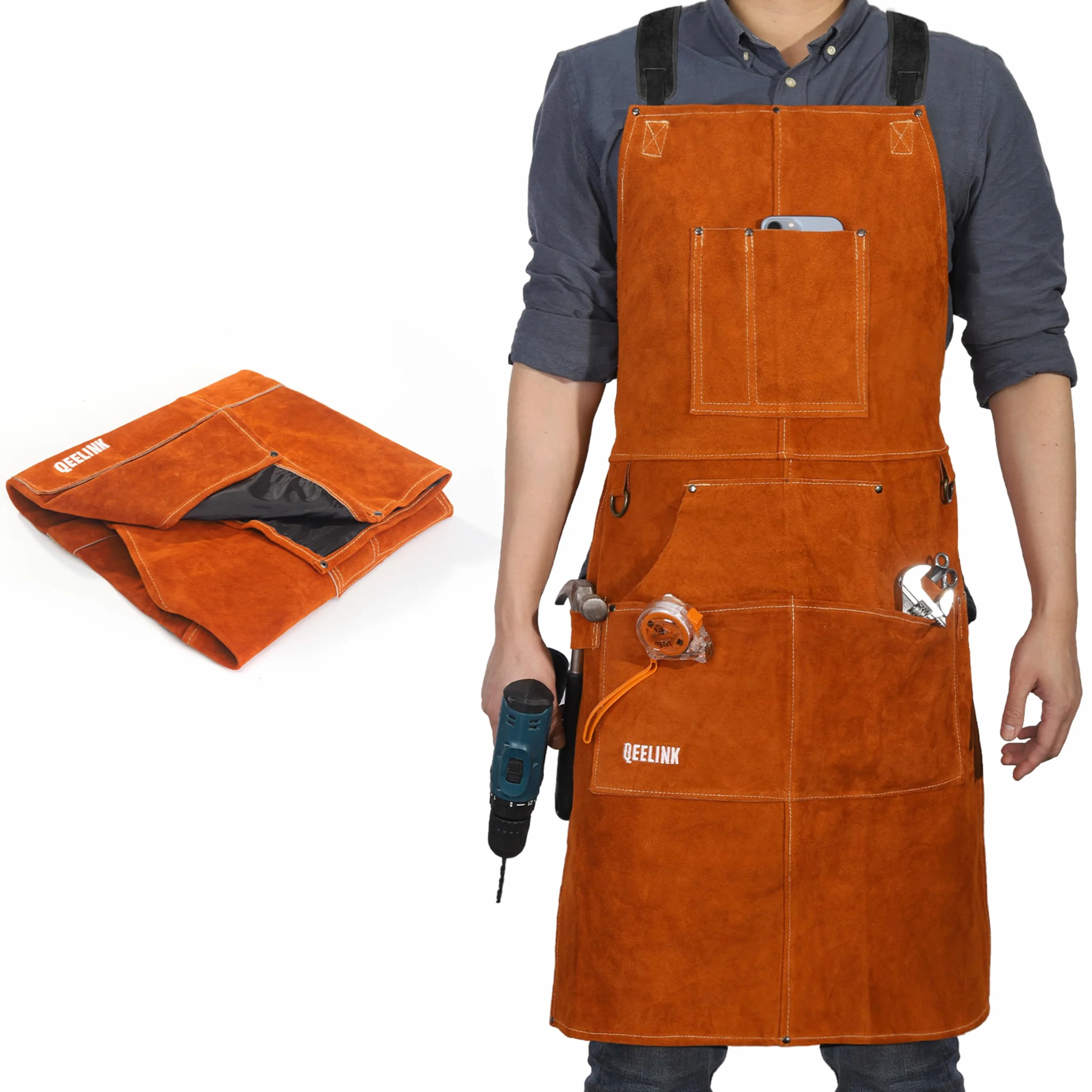 QeeLink Grembiule Saldatore in Pelle Resistente al Calore, Grembiule per Falegname con 6 Tasche, Grembiuli da Lavoro per Uomo Regolabile da M a XXXL per Fabbro, Carpentiere