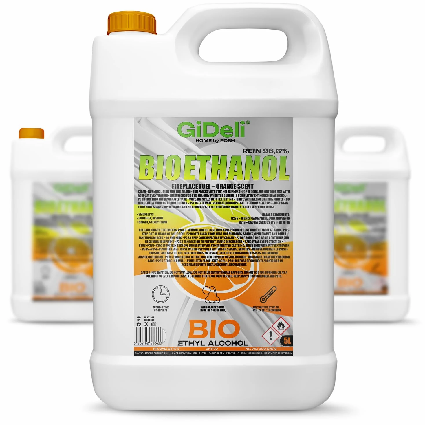 GiDeli bioetanolo 3 x 5 l con profumo d'arancia 96,6% etanolo per camini interni ed esterni, senza fumo e fuliggine – da mais e barbabietola da zucchero