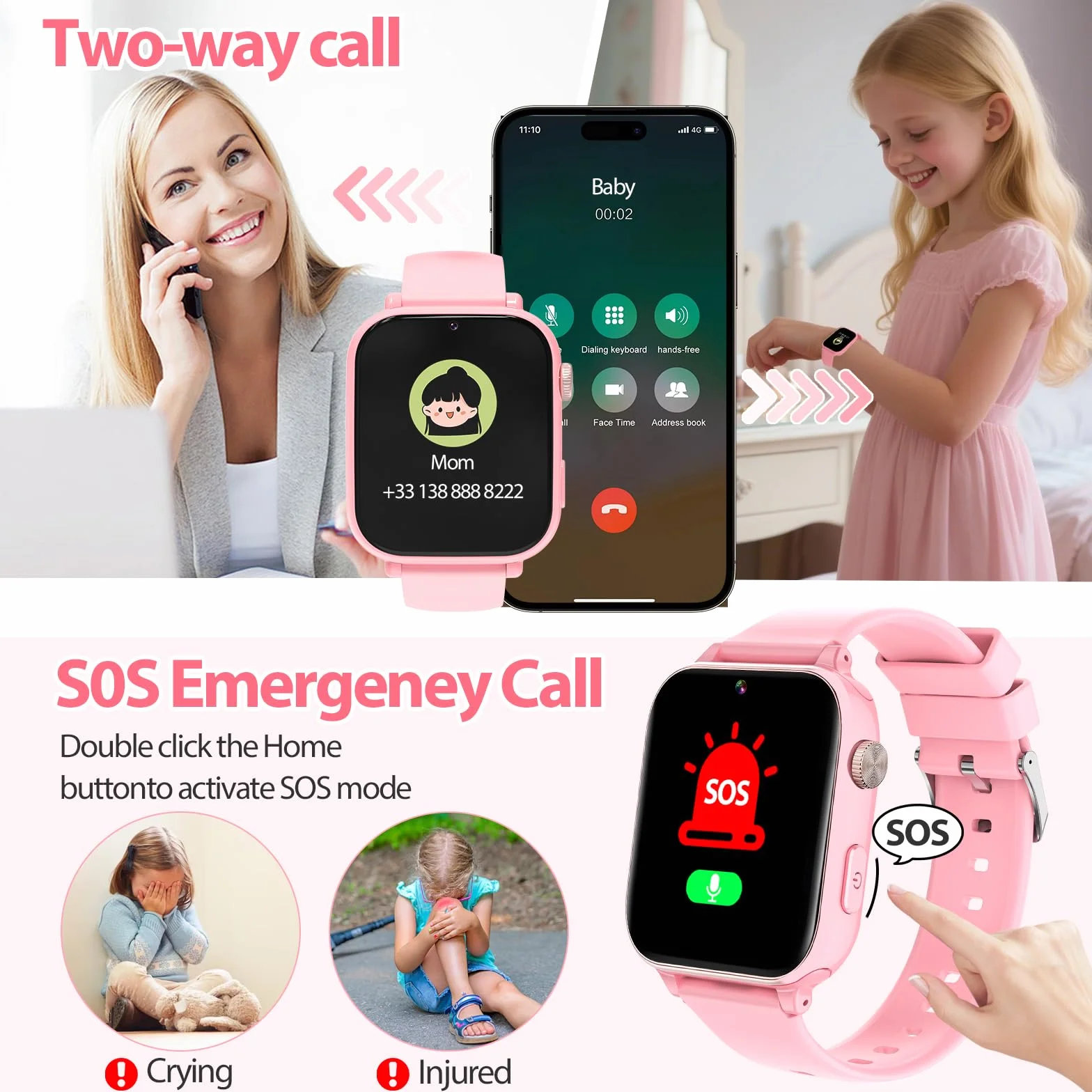 PTHTECHUS Smartwatch per Bambini, 4G Orologio GPS Bambini, Videochiamata e Telefono, WIFI/GPS/LBS Contapassi Ricevi SMS SOS Calcolatrice Timer Sveglia, Regali per Bambini Dai 4 Anni in Su, Rosascuro